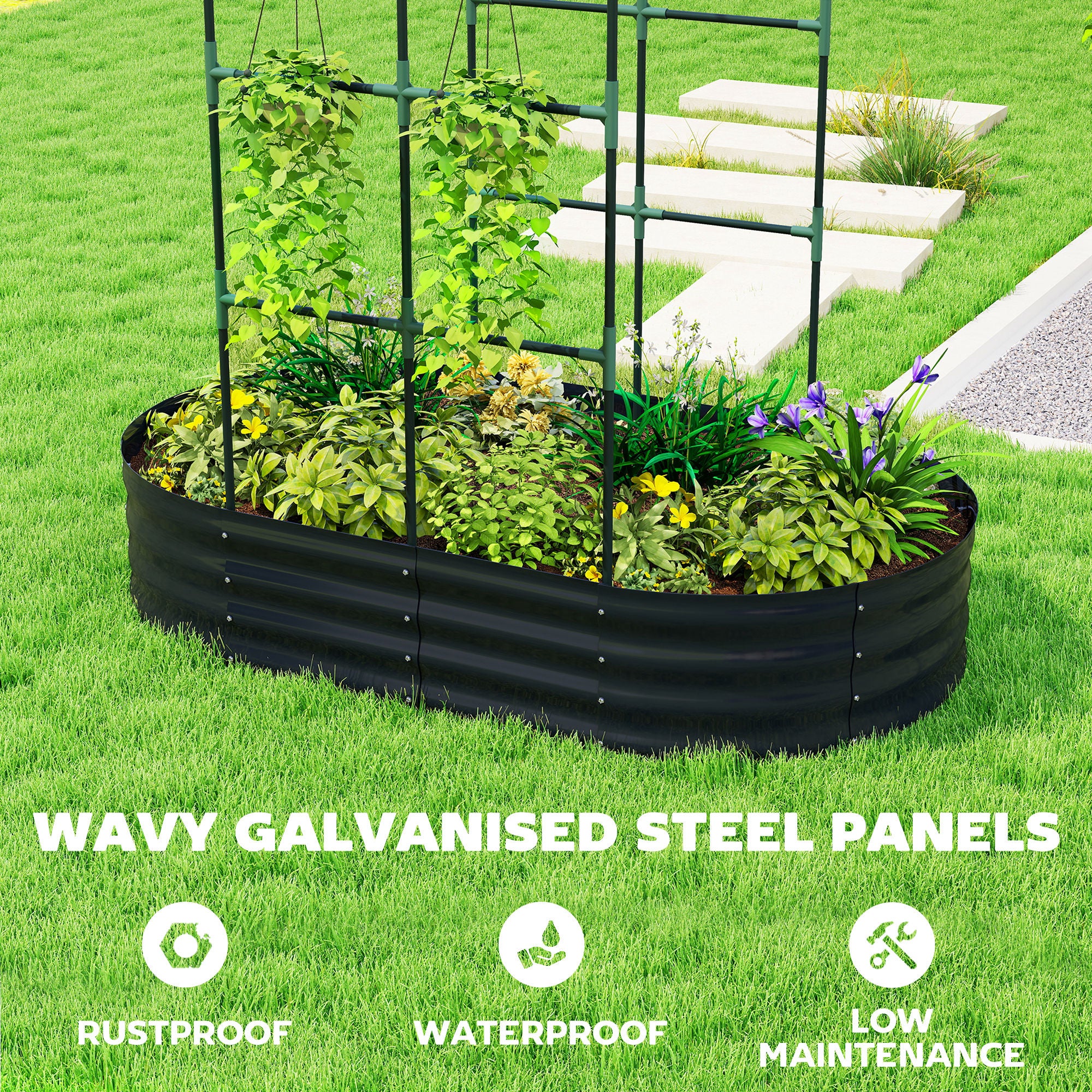 Galvanised Raised Garden Bed with Arched Trellis, 5 x 3 x 6ft Metal Outdoor Planter Box with Open Bottom, Dark Gray - Dark Gray - Image 6