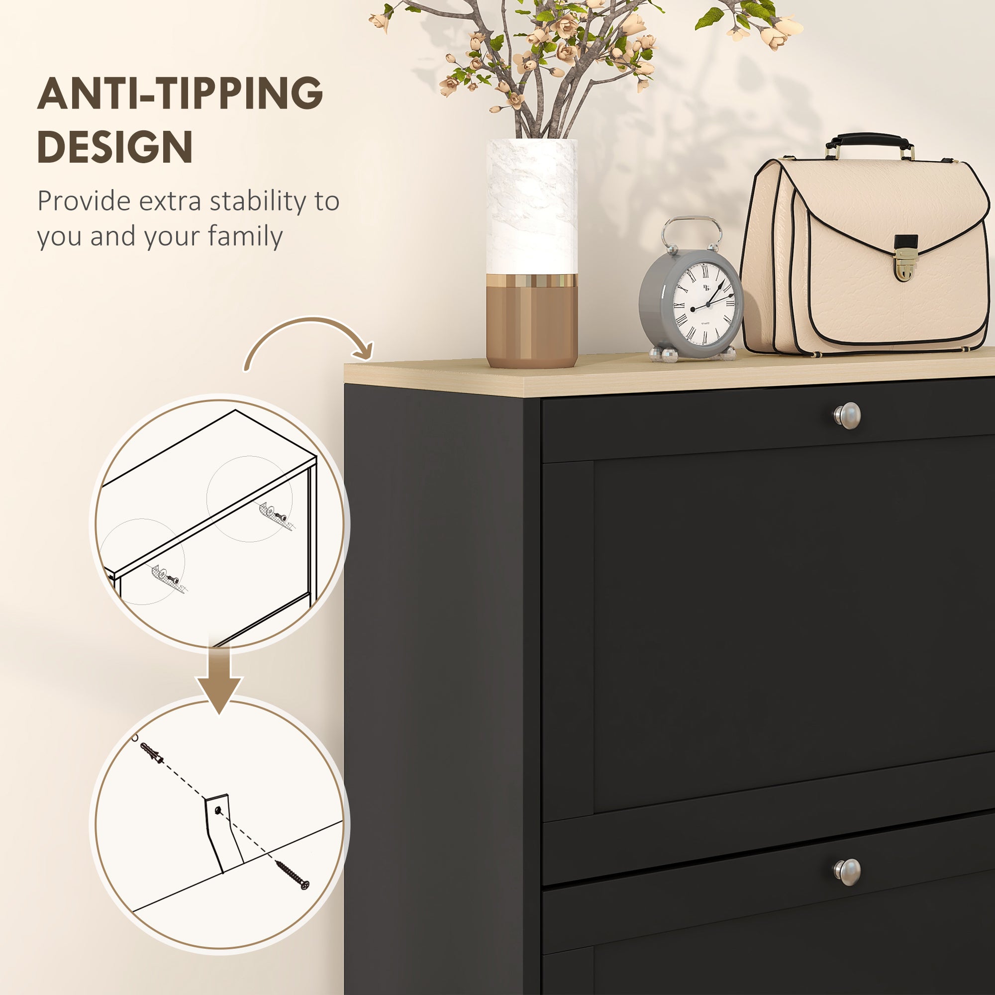 Modern Shoe Storage Cabinet with 3 Flip Drawers and Adjustable Shelves for 12-18 Pairs of Shoes, Black