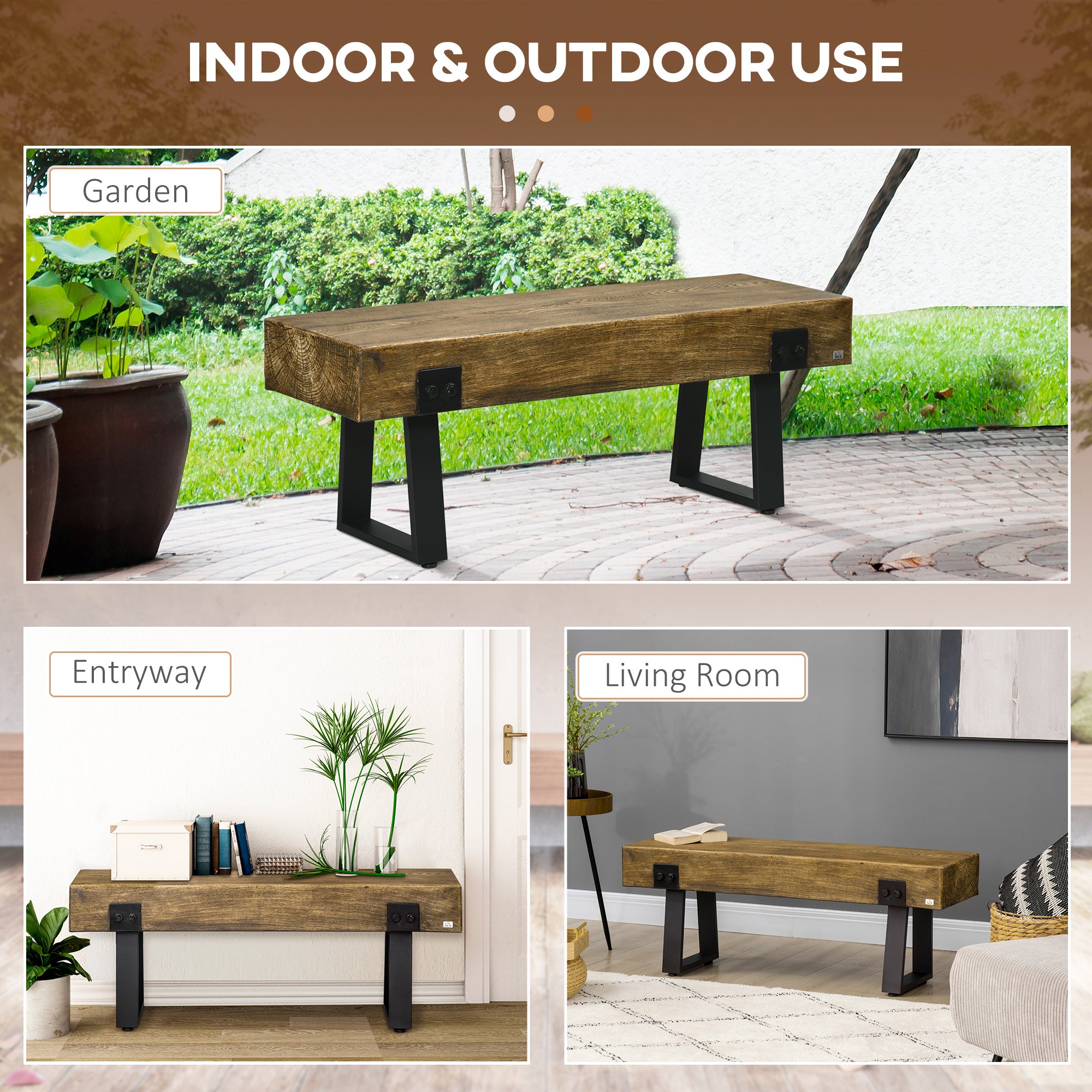 Garden Bench with Metal Legs, Rustic Wood Effect Concrete Entryway Bench, End of Bed Bench, Indoor Outdoor Use for Patio, Park, Porch and Lawn, Natural and Black