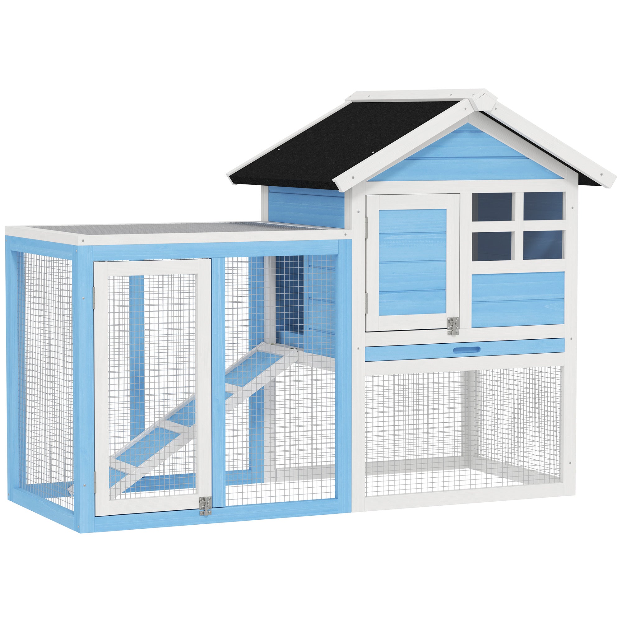 48" Wooden Rabbit Hutch Bunny Cage with Waterproof Asphalt Roof, Fun Outdoor Run, Removable Tray and Ramp, for Rabbits, Chickens, Ducks, Light Blue - Sky Blue