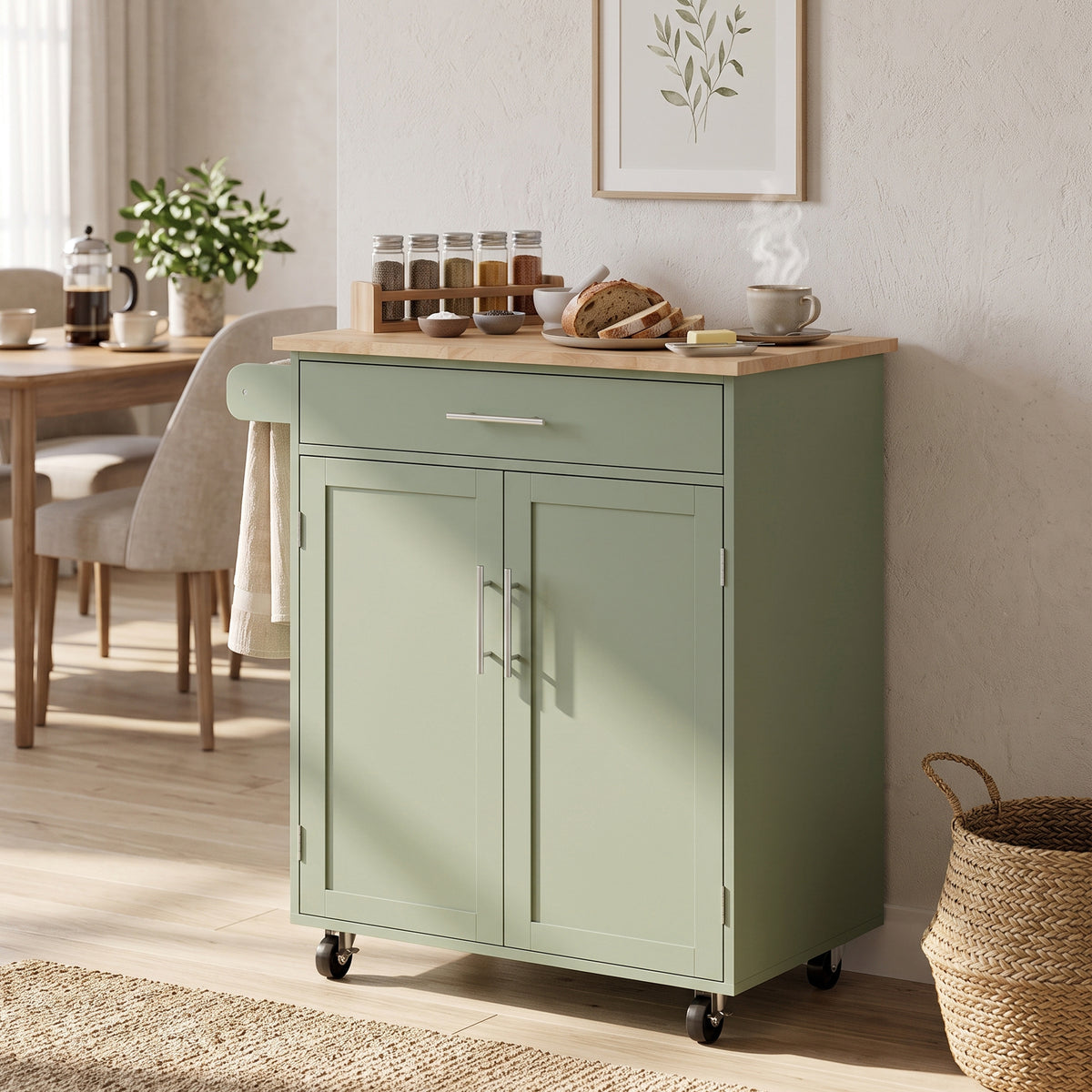 Kitchen Island Cart, Rolling Island Table with Solid Wood Top, Trolley Cart with Drawer, Storage Cabinet, Green