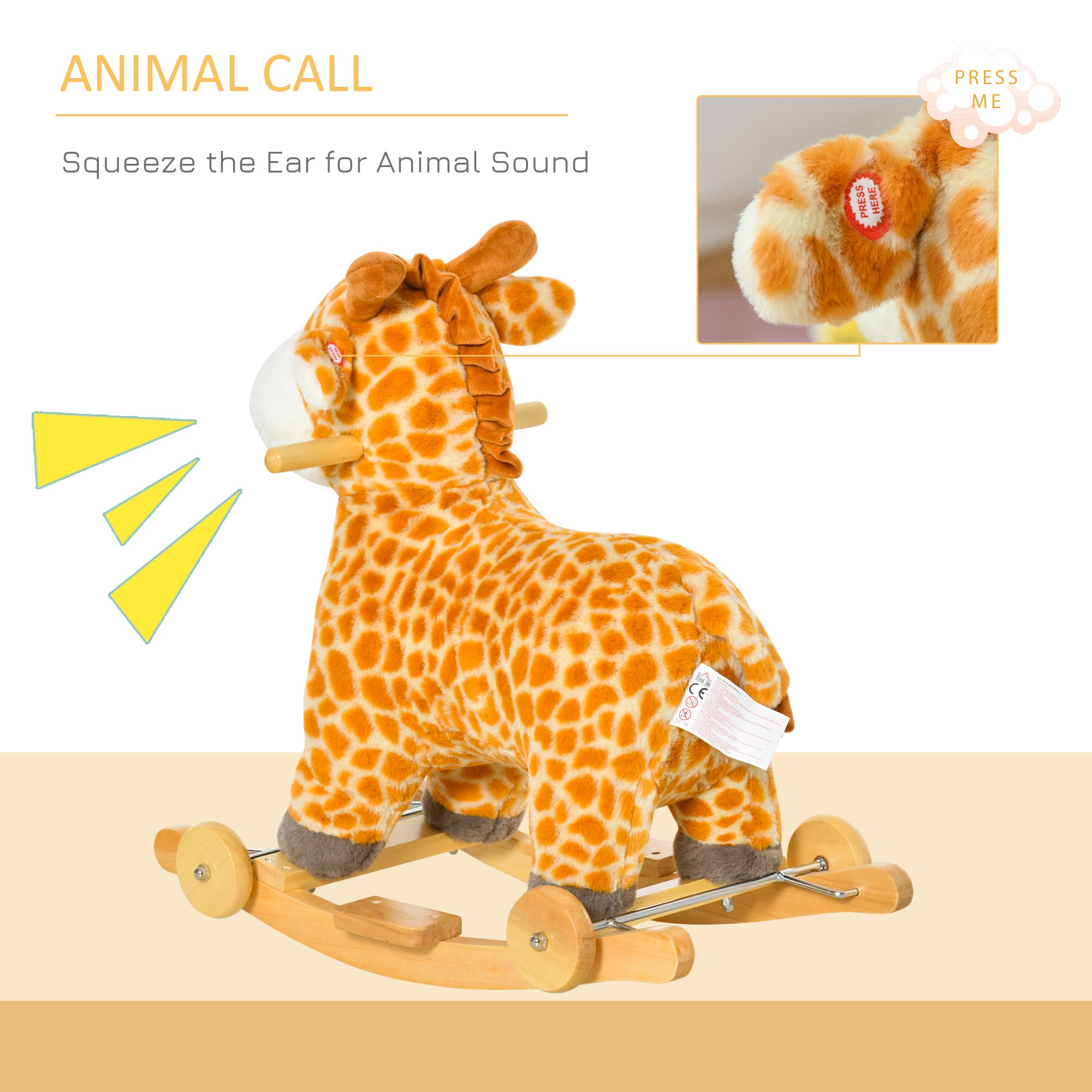 Rocking Horse, 2 in 1 Kids Ride on Horse, Rolling Giraffe Animal Rocker with Sound, Wooden Base, Pedal, Grip Handle, Plush Riding Pony for 3-6 Years Old, Yellow