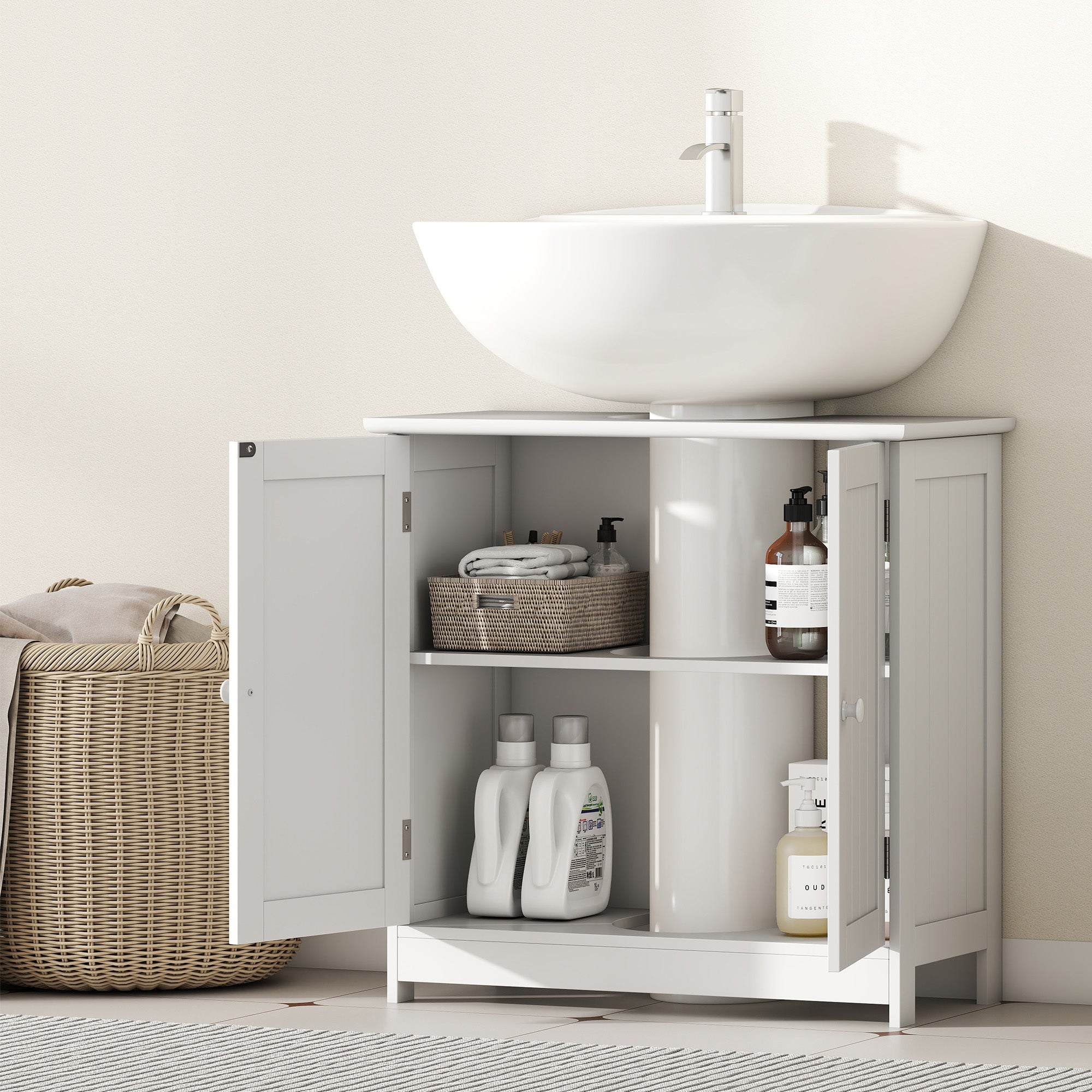 24" Under Sink Storage Cabinet with 2 Doors and Shelves, Pedestal Sink Bathroom Vanity Furniture, White