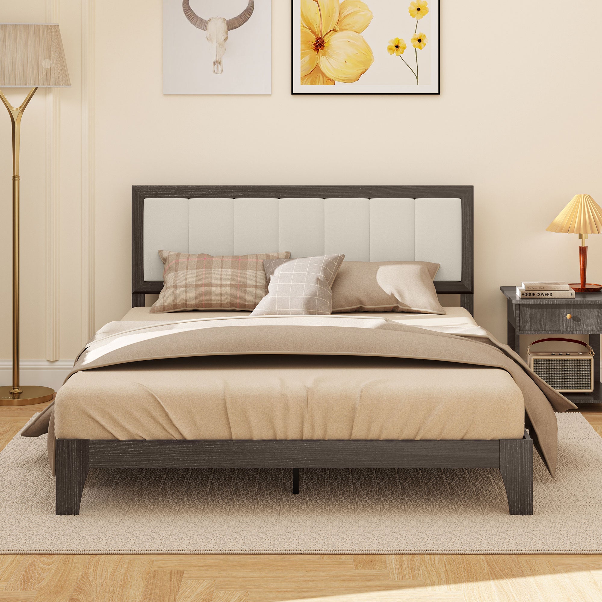 Queen Size Bed Frame with Headboard, Platform Bed Frame with Wooden Slats No Box Spring Needed Charcoal Gray