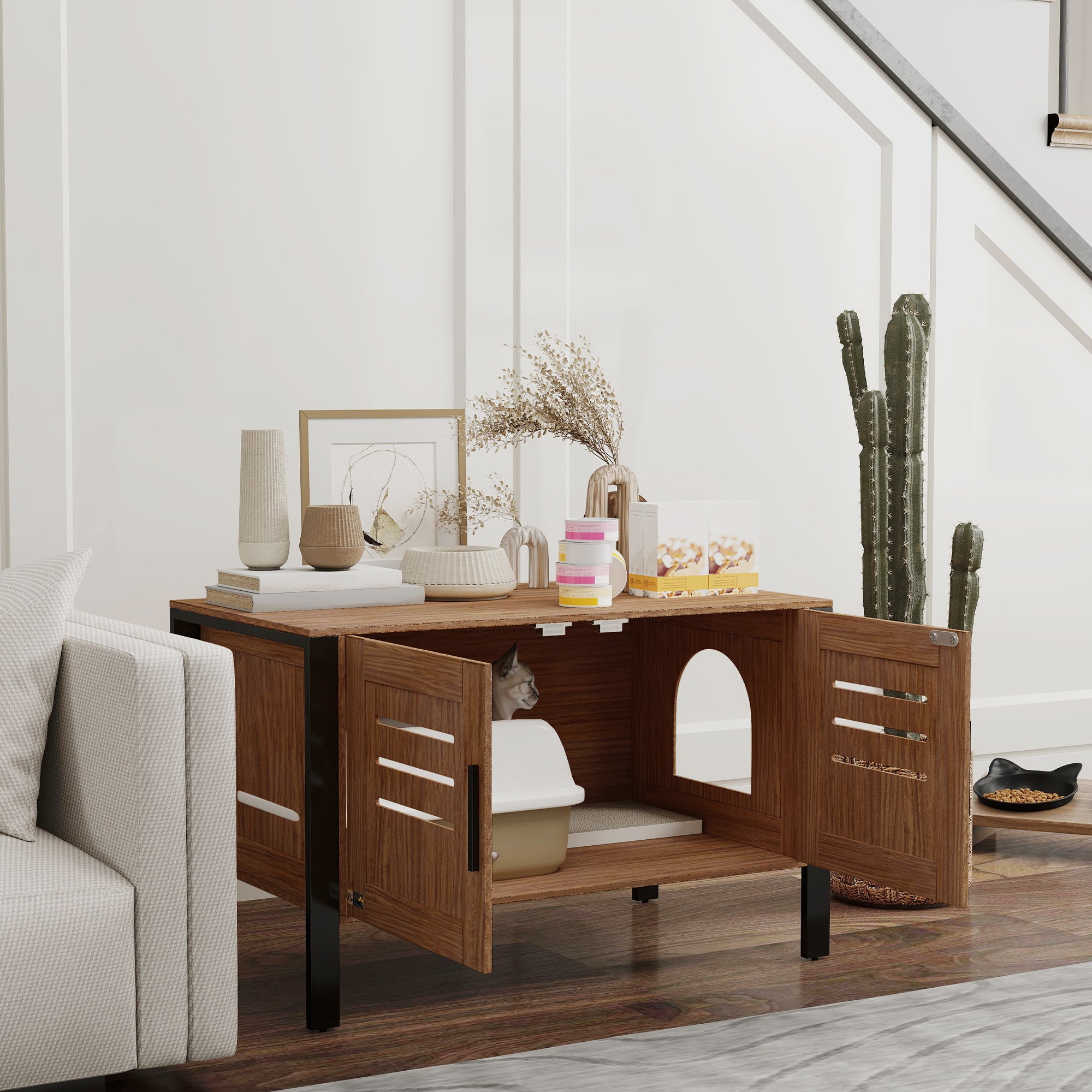 Cat Litter Box Enclosure with Tall Legs, Scratching Board, Dark Brown, 31.5"L x 17.7"W x 19.7"H - Brown - Image 2