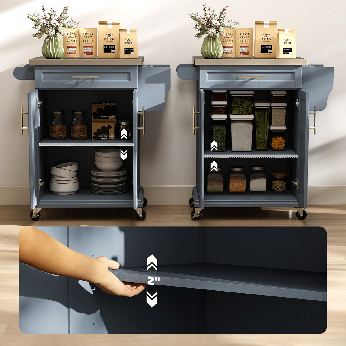 Kitchen Island with Wheels, Rolling Kitchen Island with Storage, Stainless Steel Countertop for Dining Room, Deep Blue