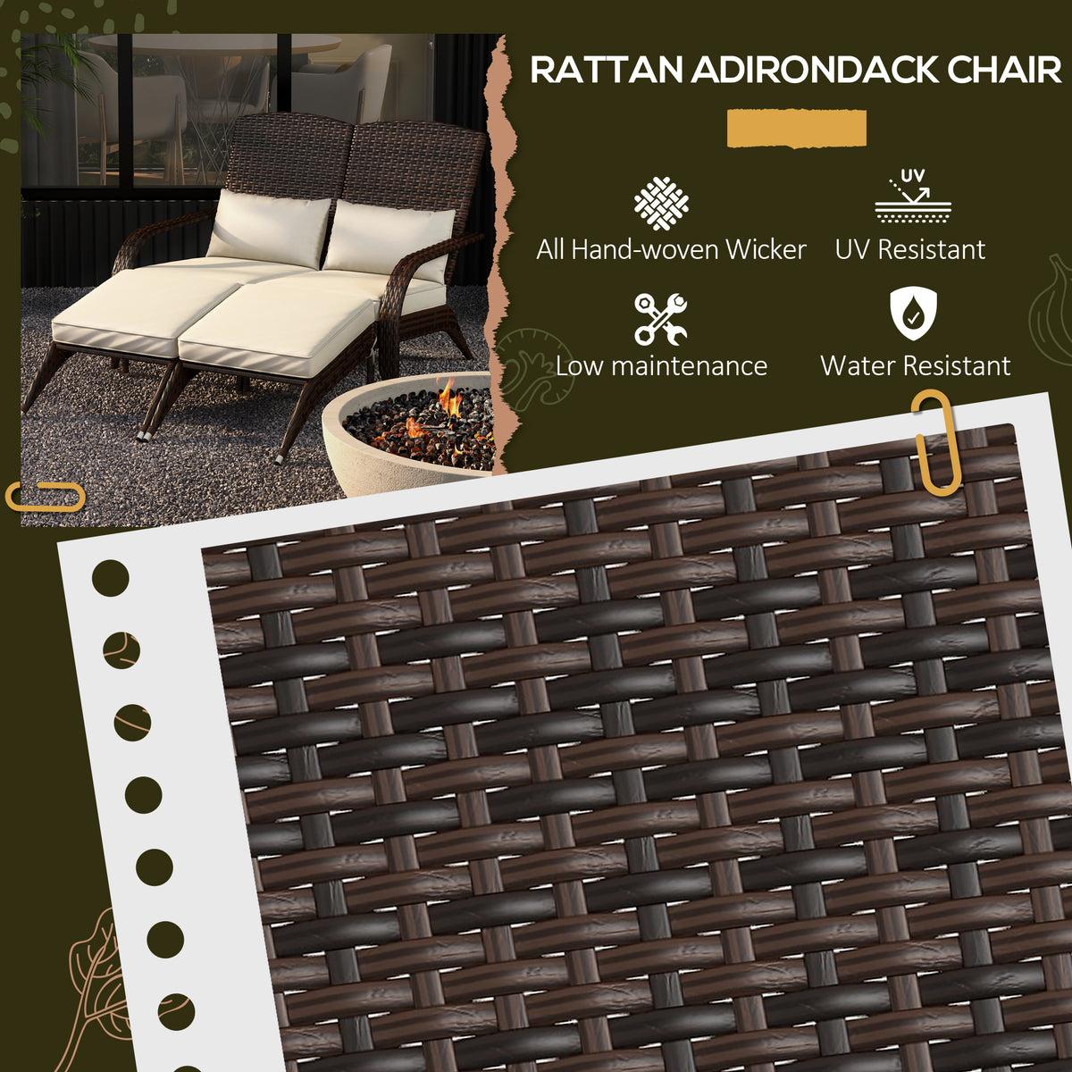 2 Person Patio Wicker Adirondack Chair, High-Back Fire Pit Chair with Cushions, Cream White