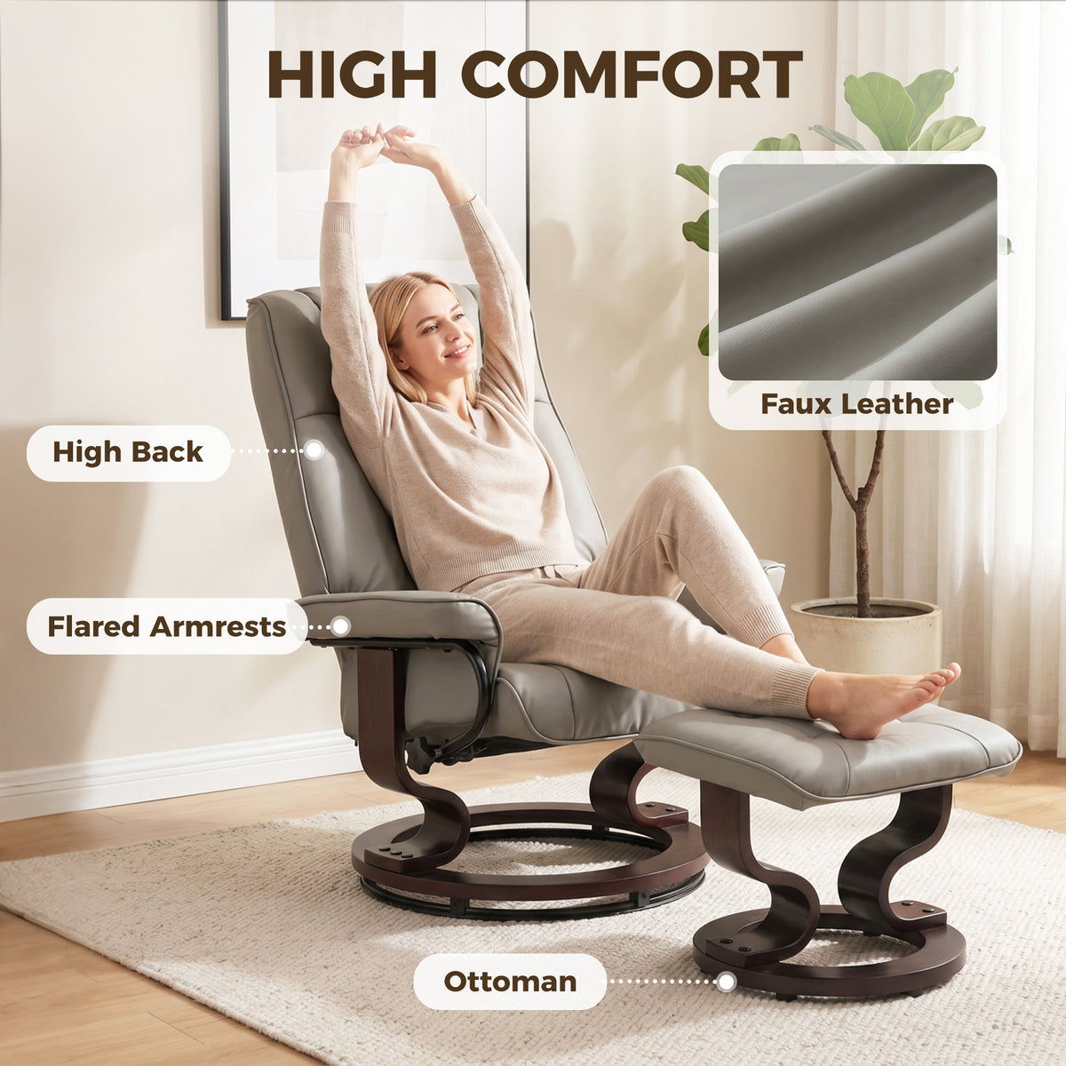 Faux Leather Reclining Chair with Ottoman, Manual Recliner with Tufted Back and Wood Frame for Living Room, Gray