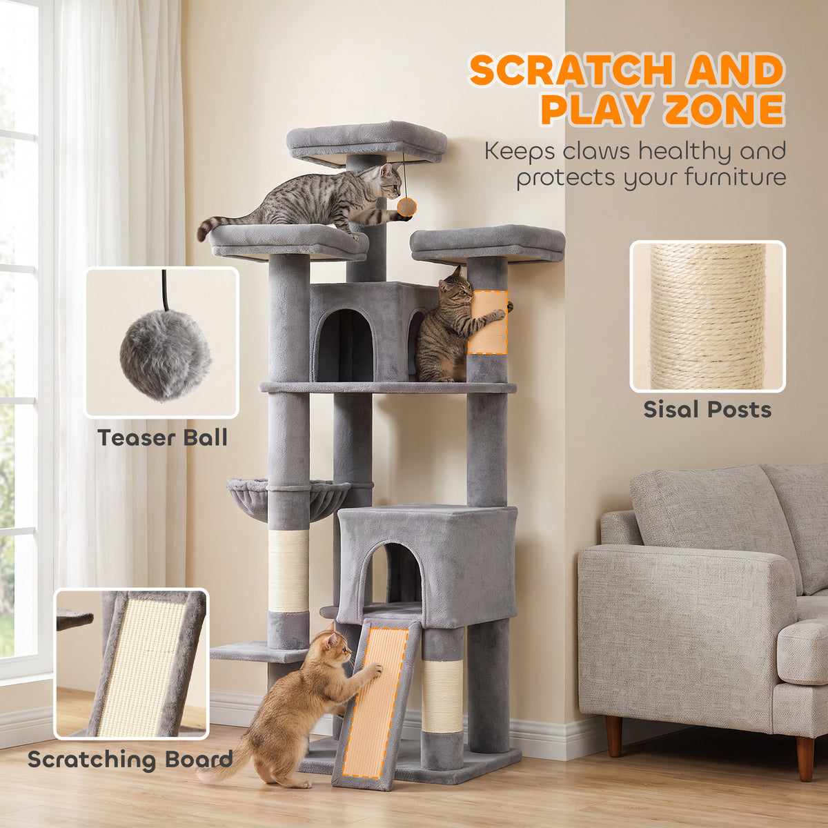 72" Cat Tree, Large Cat Tower with 2 Condos, 3 Padded Beds, Hammock, 3 Scratching Posts and Ladder