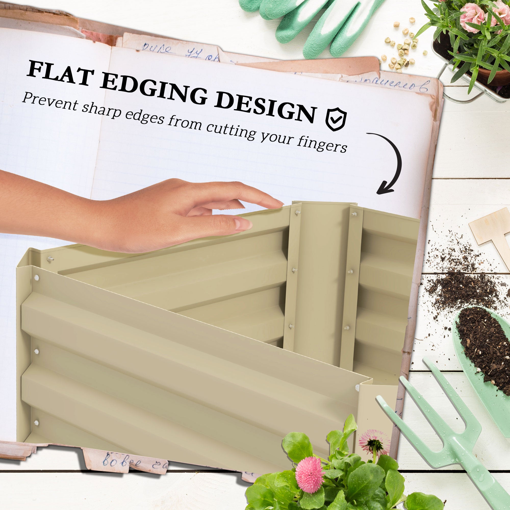 Galvanized Planter Box, 24" x 24" x 73.5" Raised Garden Bed with Tomato Cage for Climbing Vines, Cream - Cream White - Image 6