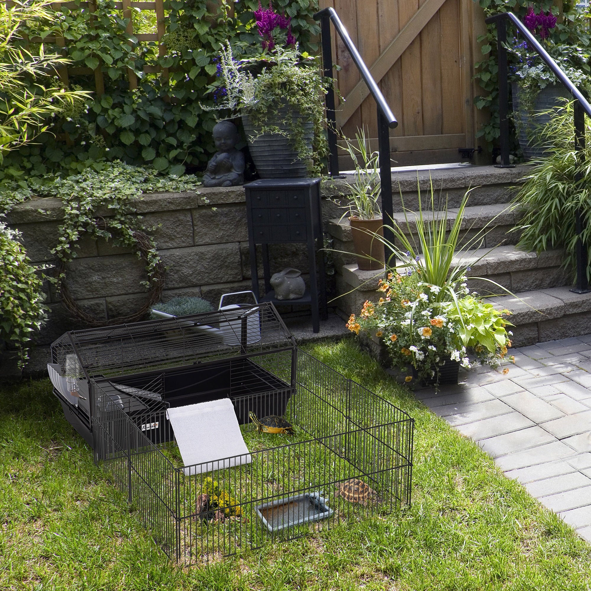 Rolling Metal Rabbit, Guinea Pig, or Small Animal Hutch Cage with Main House and Run - Black and Beige - Image 8