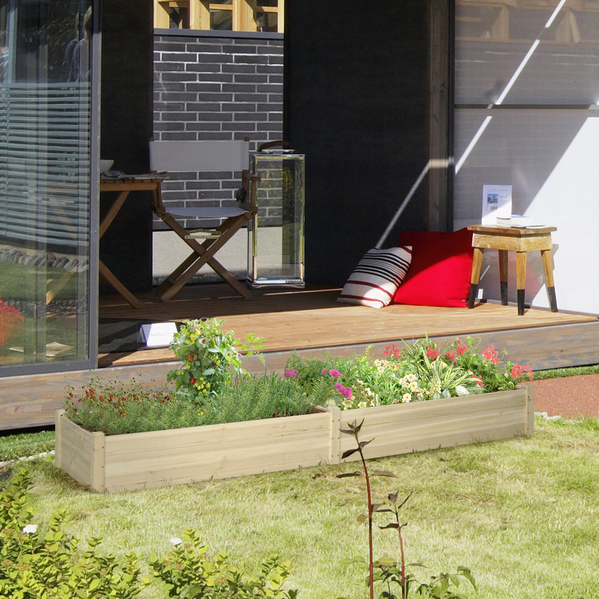 96" x 24" x 10" Wooden Raised Garden Bed with 2 Planter Boxes and Non-woven Fabric Liner for Patio, Natural - Natural wood finish - Image 2