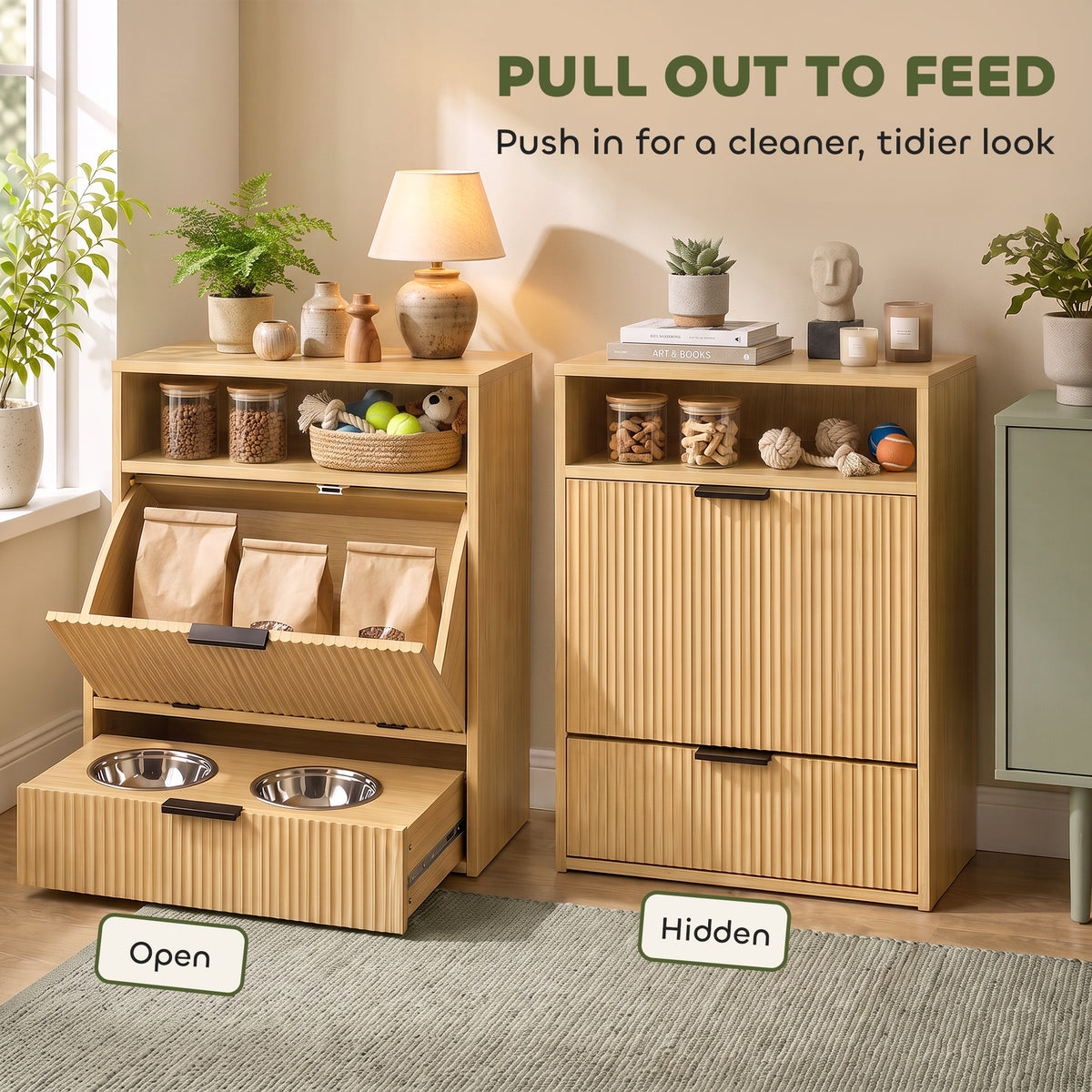 Dog Feeding Station with Storage, Hidden Pet Feeding Station with 2 Elevated Bowls, Tilt Out Storage Cabinet