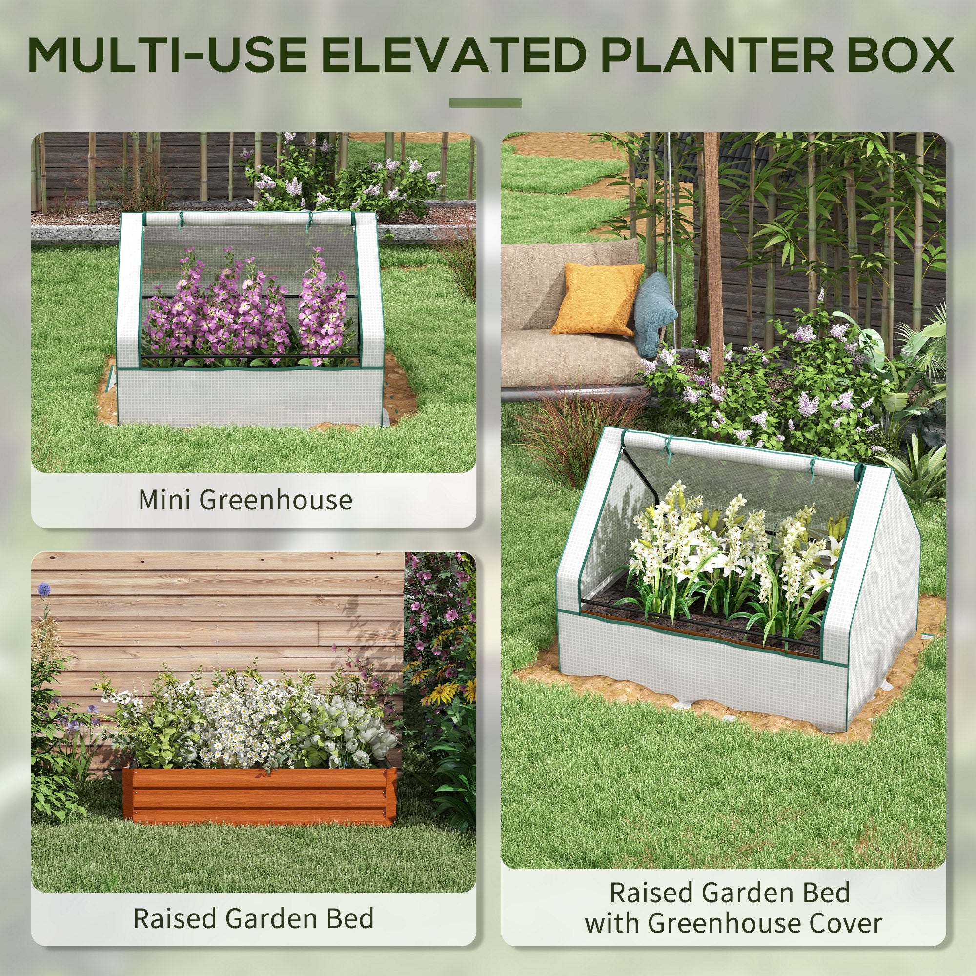 Raised Garden Bed, Outdoor Metal Planter Box with Mini Greenhouse, White and Brown - White, Brown - Image 4