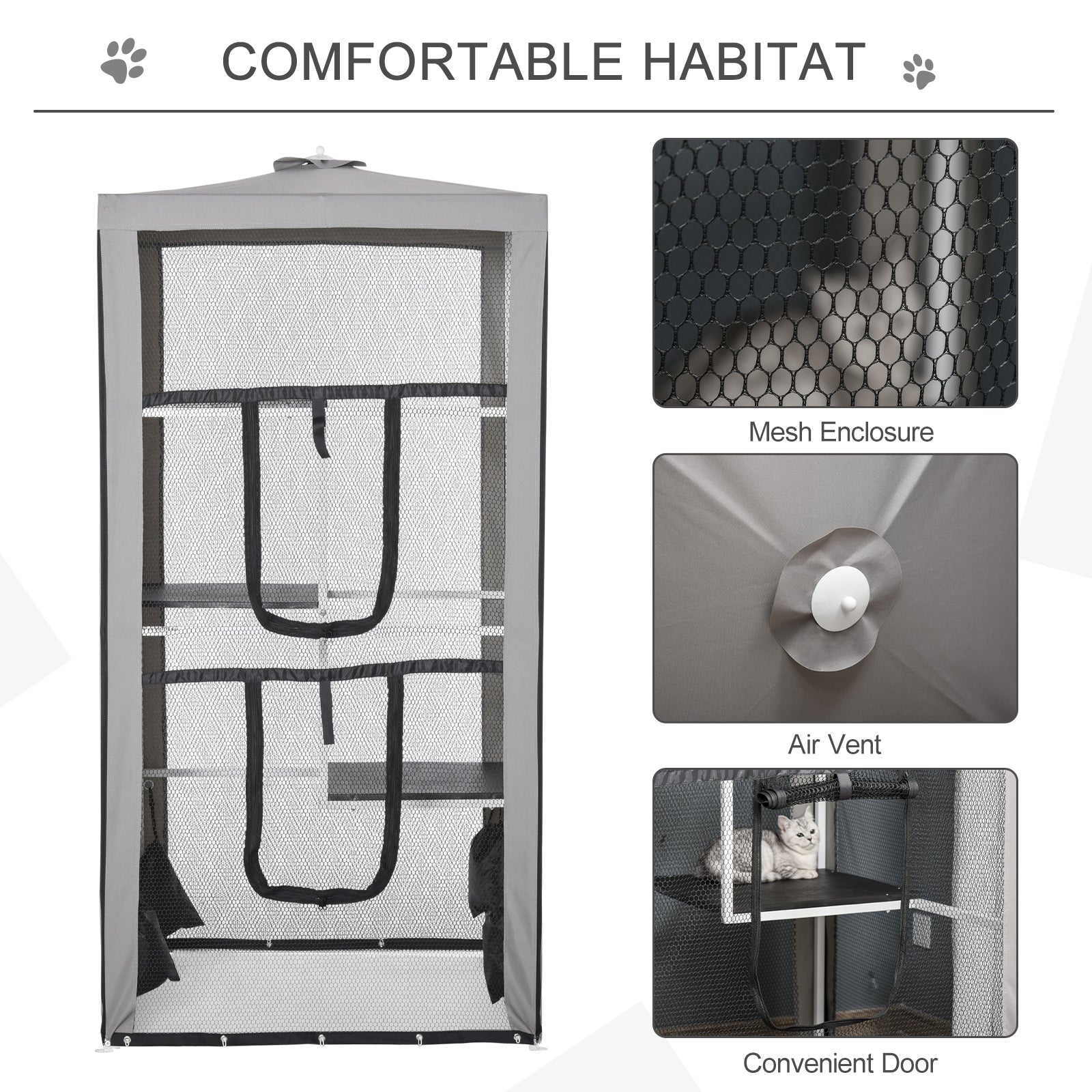 79"H Cat House Kitten Enclosure Mesh Playpen Steel Frame with 3 Platforms, 2 Doors and 4 Sandbags for Stability, Indoor/Outdoor - Grey, White and Black - Image 7
