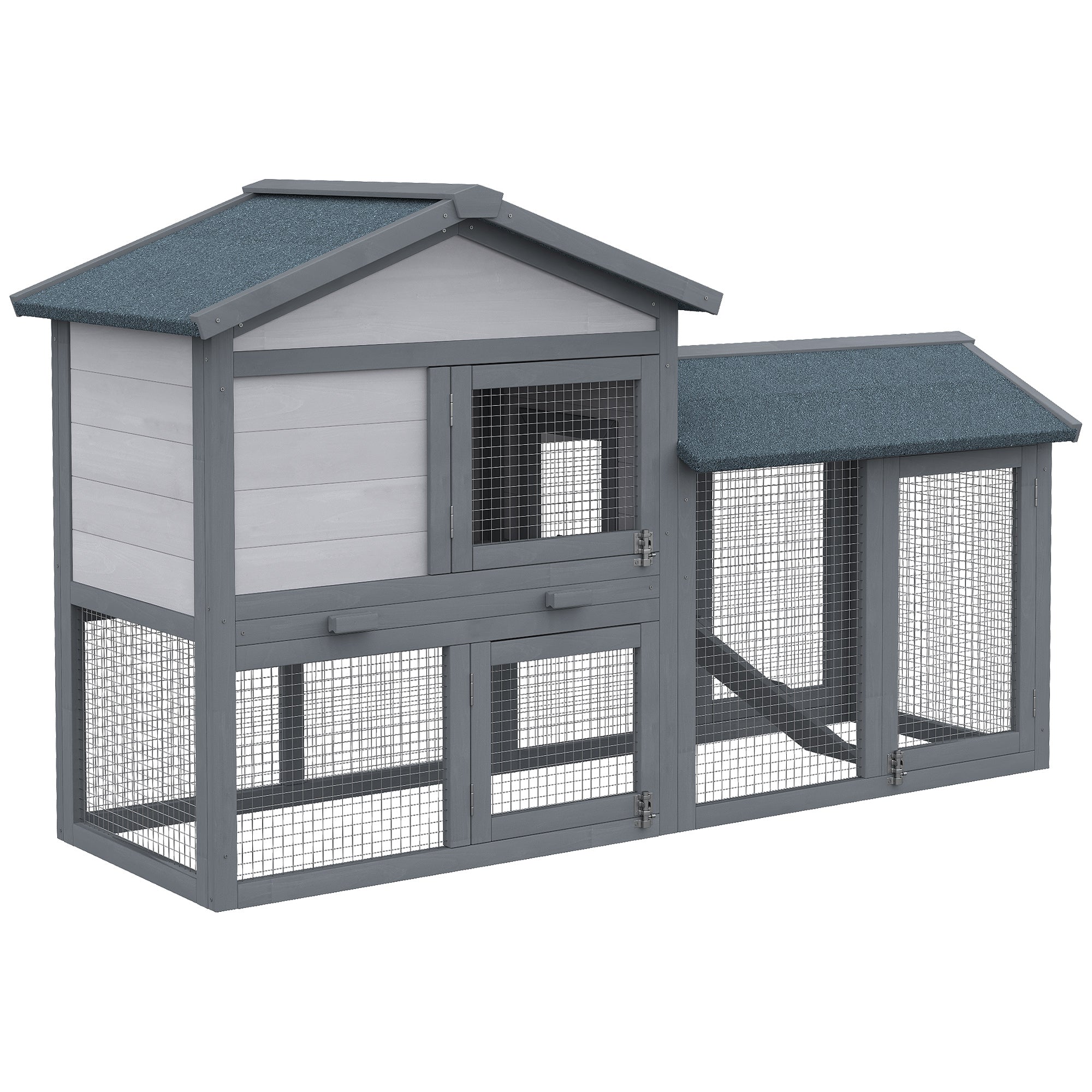 58" Large Rabbit Hutch Outdoor Indoor, Wooden Bunny Hutch, Guinea Pig Cage with Run, Removable Tray, Asphalt Roof, Lockable Doors and Ramp, for 1-2 Small Rabbits, Chickens, Ducks, Dark Gray - Grey
