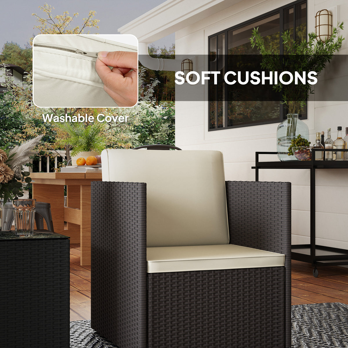 Folding Wicker Bistro Set, 3 Piece Patio Furniture Set with Cushions and Glass Coffee Table for Porch, Balcony, Brown