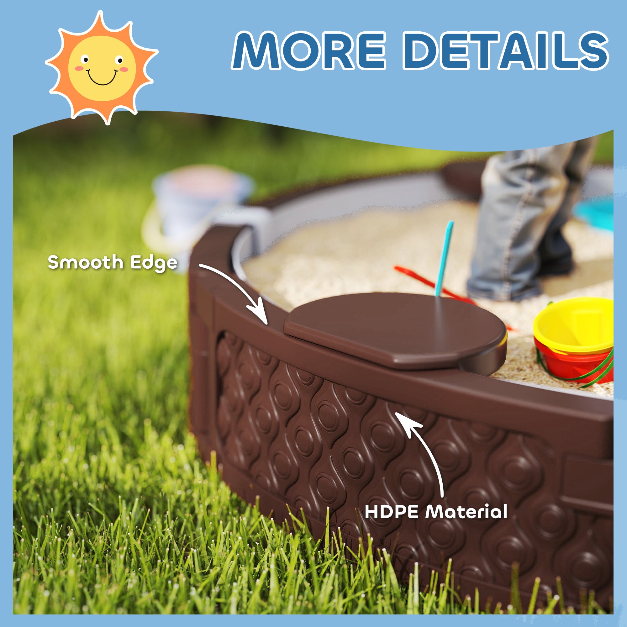 47" Round Kids Sandbox with Cover, 3 Seats, Waterproof Bottom Liner, for Backyard, Lawn, Garden, Beach, Patio, Brown