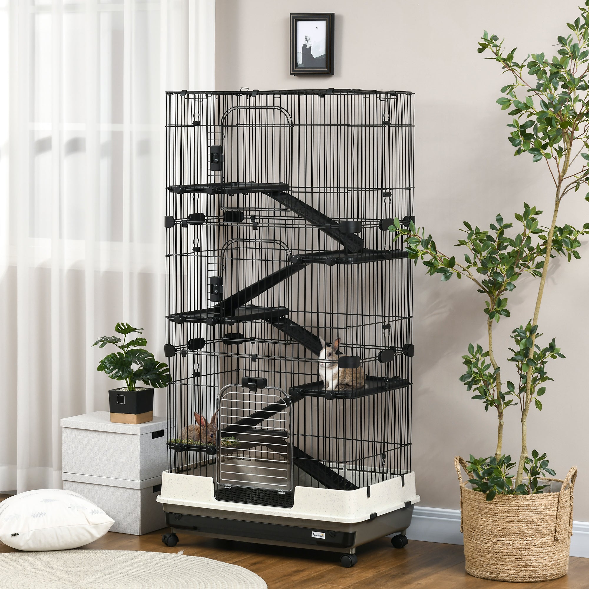 32"L 6-Level Small Animal Cage Rabbit Hutch with Universal Lockable Wheels, Slide-out Tray for Bunny, Chinchillas, Ferret, Black - Black - Image 2