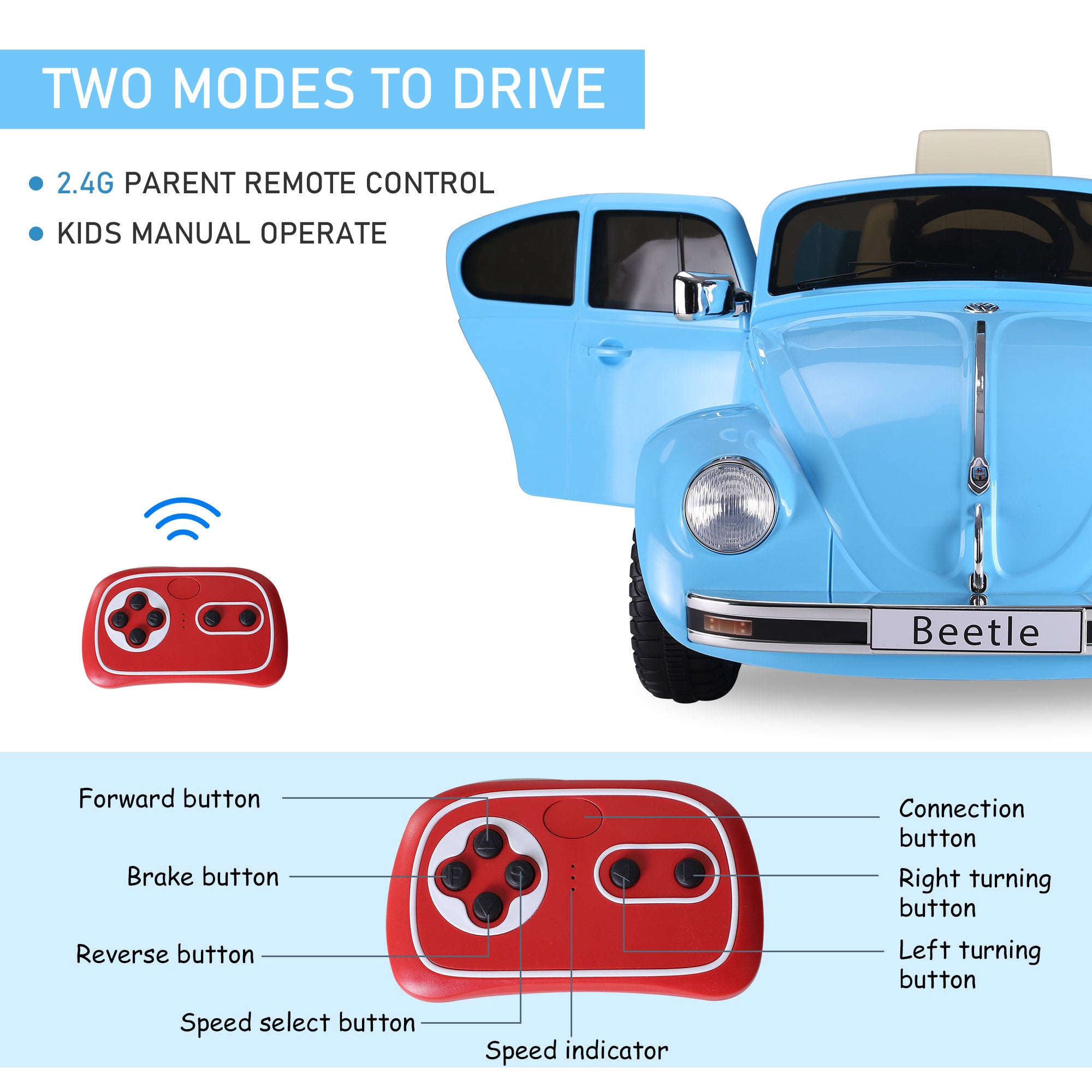 Licensed Volkswagen Beetle Electric Kids Ride-On Car 6V Battery Powered Toy with Remote Control Music Horn Lights MP3 for 3-6 Years Old Blue