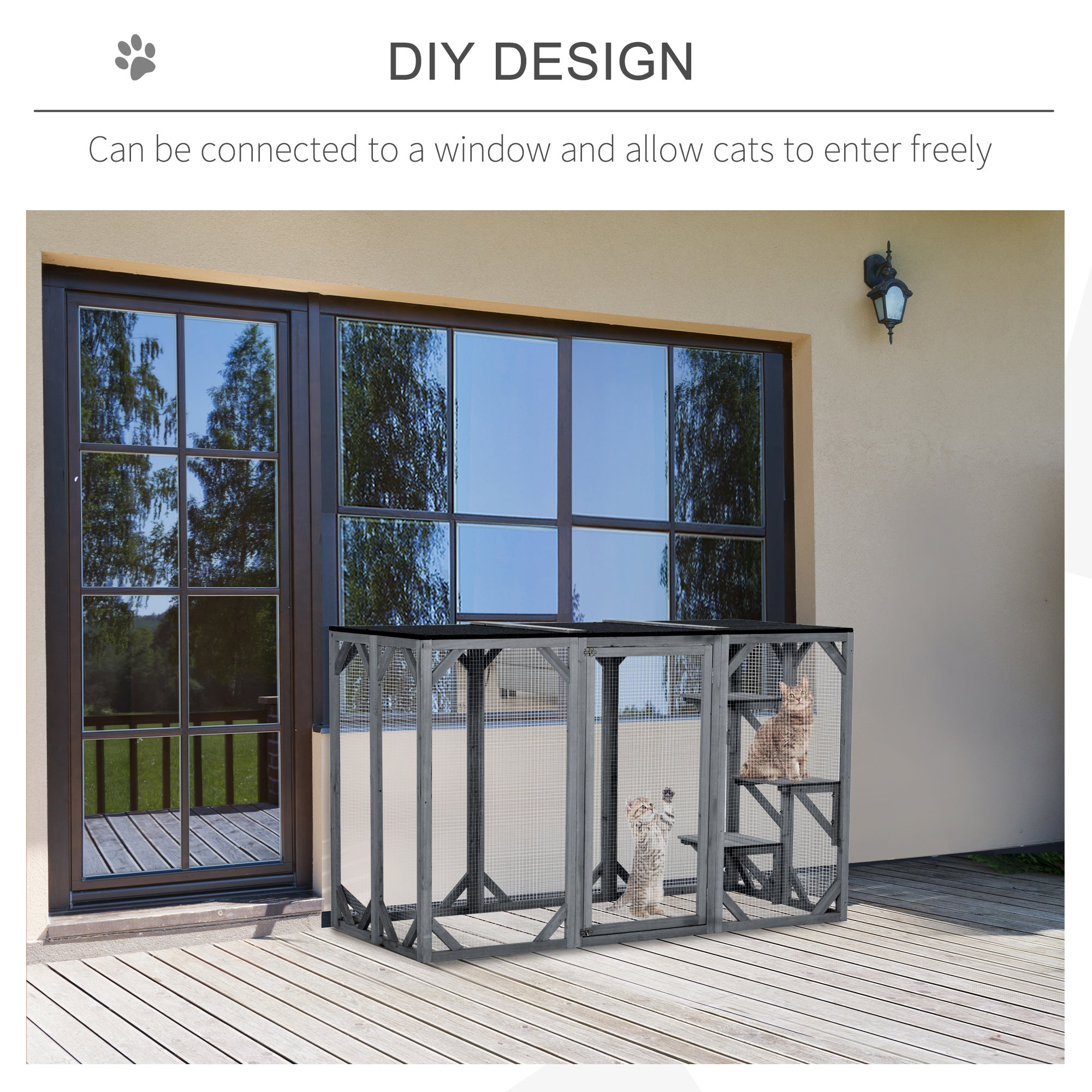 71" x 32" x 44" Large Wooden Outdoor Cat Enclosure Catio Cage With 3 Platforms, Gray - Grey - Image 8