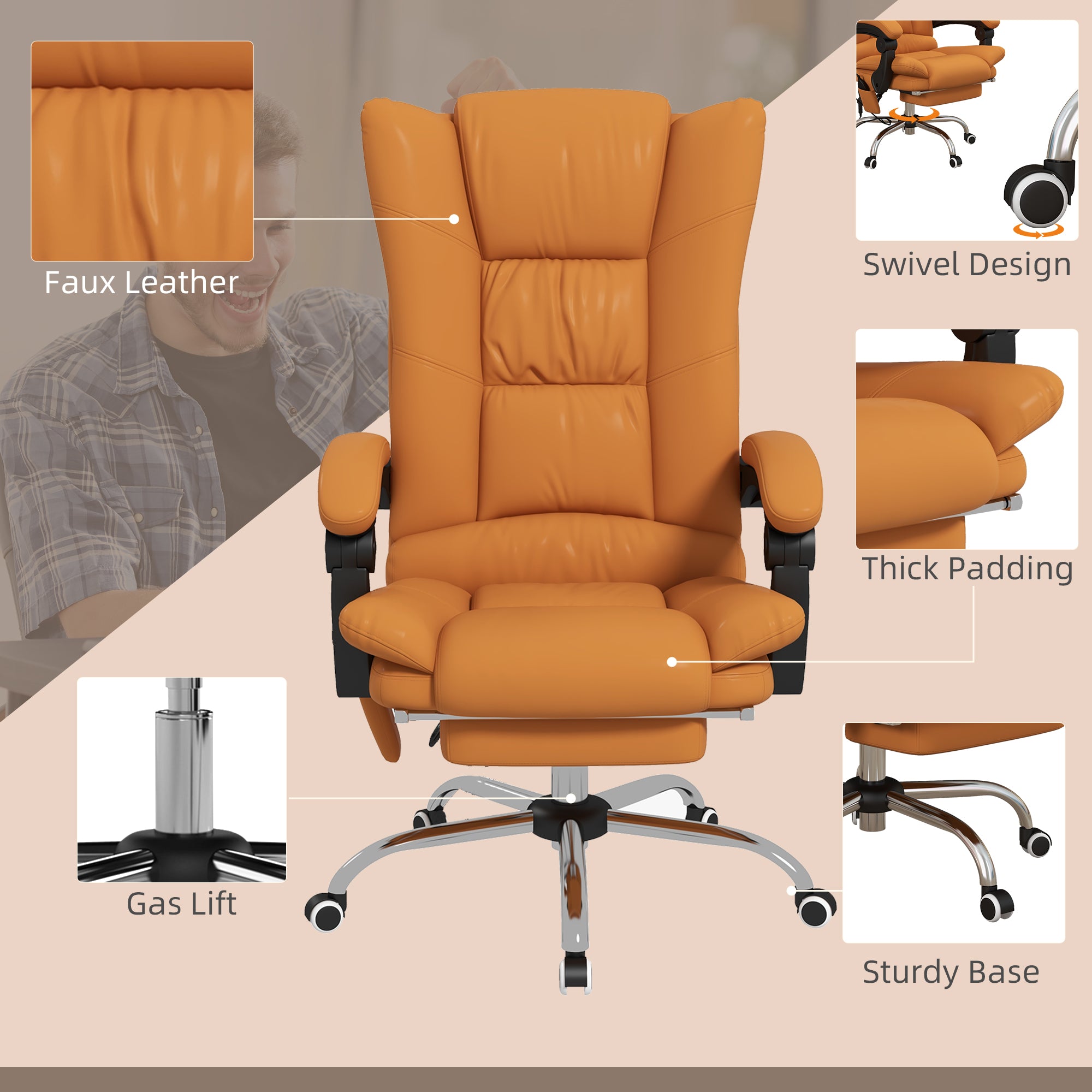 PU Leather Executive Massage Office Chair with 4 Vibration, Reclining w/ Adjustable Height, Swivel Wheels, Light Brown