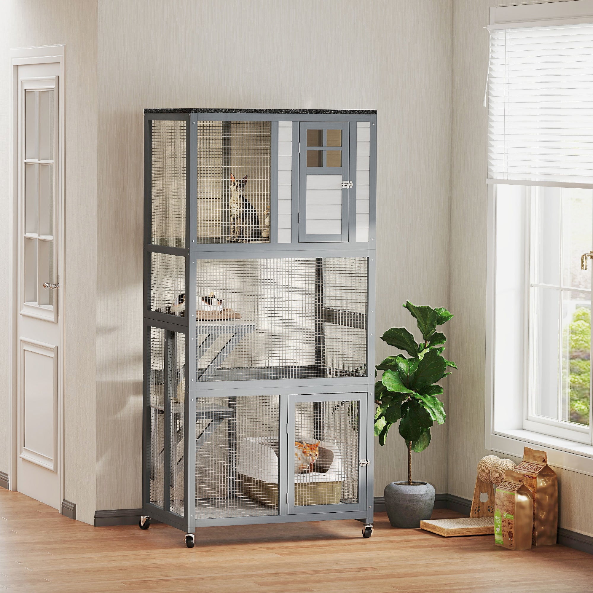 74" Wooden Outdoor Cat House Catio with High Weight Capacity, Cat Cage Condo, Dark Gray - Light Gray - Image 2