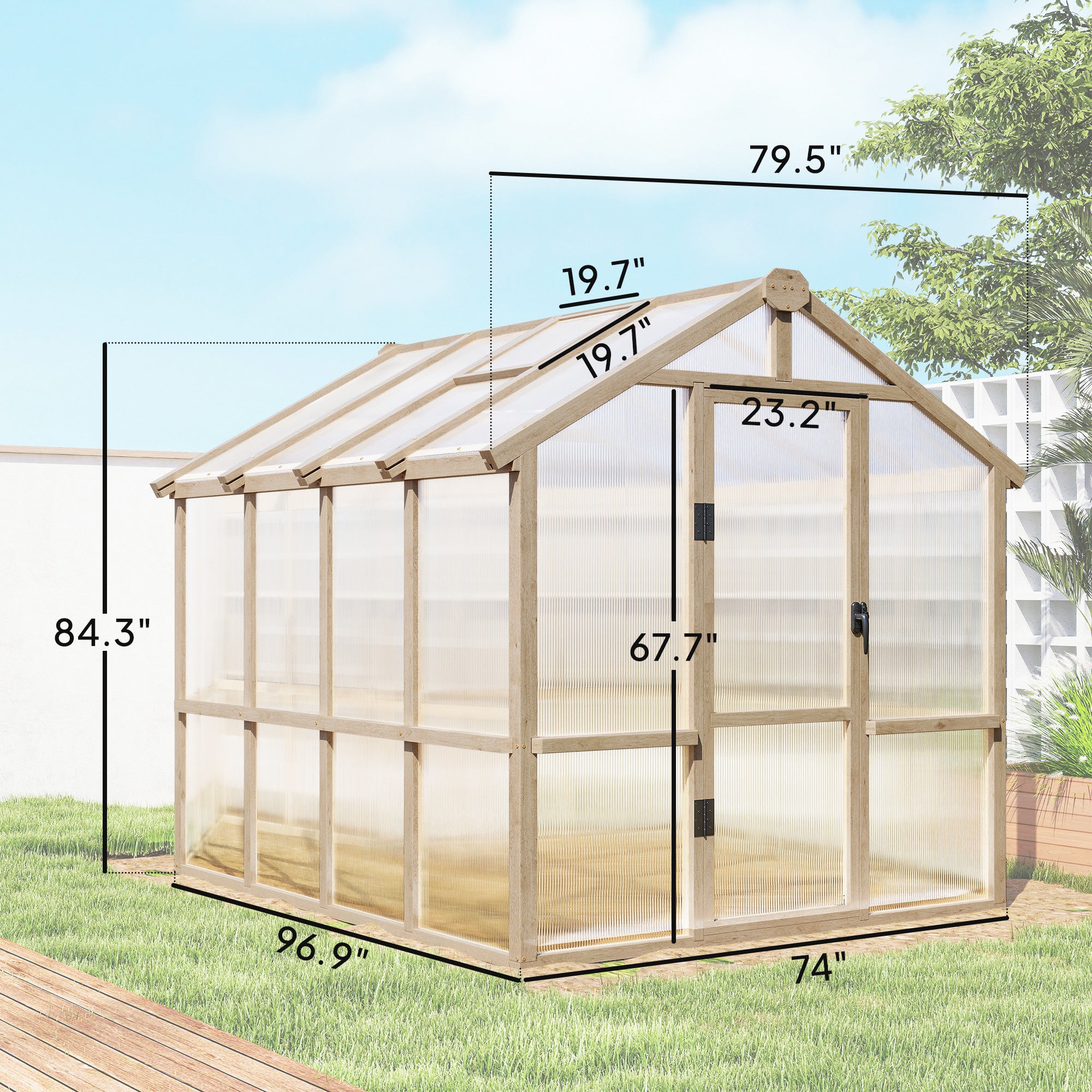 Wooden Greenhouse 6.6 x 8 ft Polycarbonate Walk-in with Lockable Door Thickened Panels, Roof Vent - Brown - Image 3