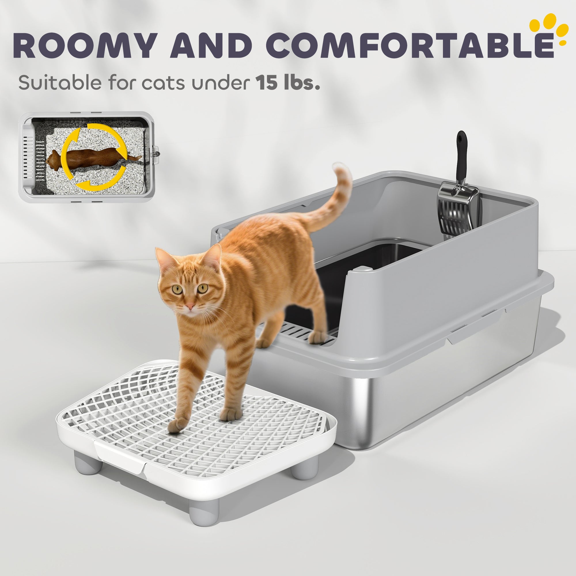 Extra Large Stainless Steel Cat Litter Box with Scoop & Pad, Anti-Urine Leakage, Easy Cleaning, Non-Sticky - Gray - Image 7