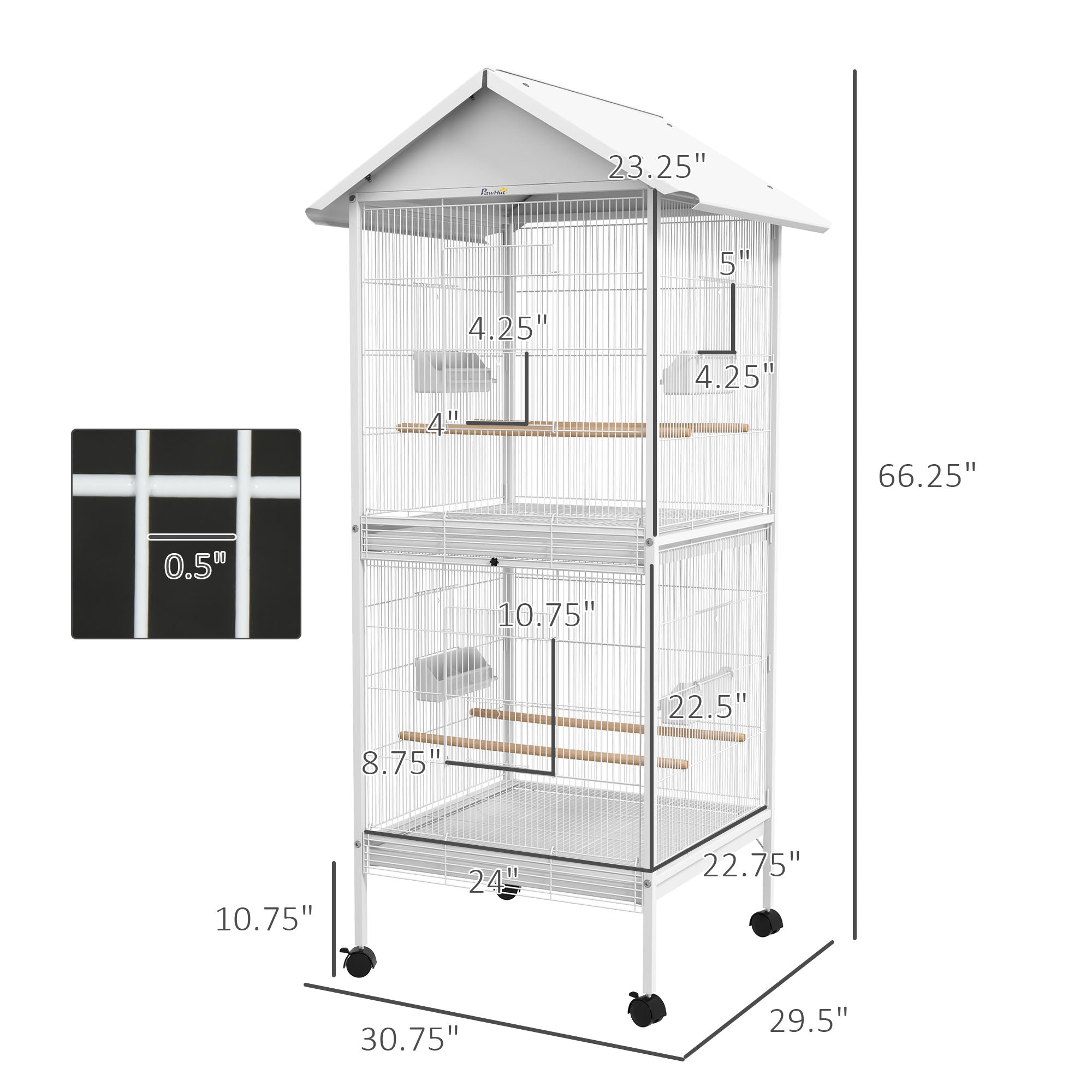 Wrought Metal Bird Cage Feeder with Rolling Stand Perches Food Containers Doors Wheels 67" H, White - White - Image 3