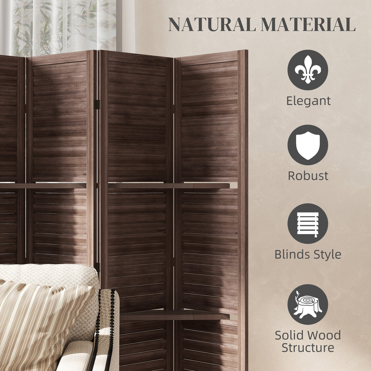 6 Panel 67" Tall Wood Privacy Screen Room Divider with 3 Shelves and Folding Storage for Bedroom, Walnut