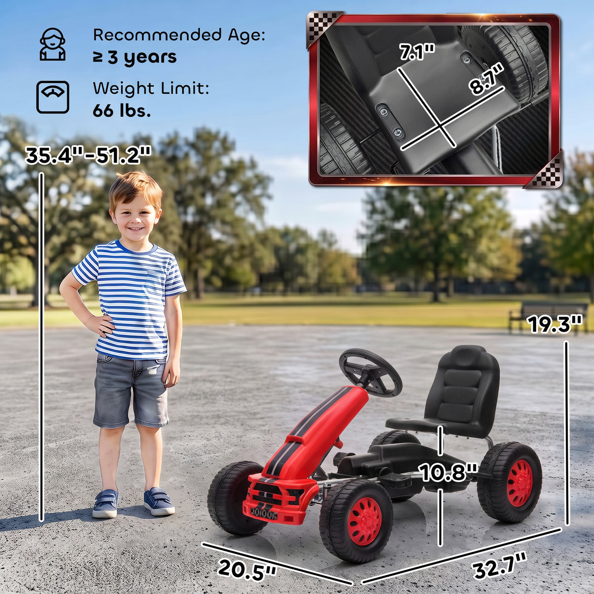 Lightweight Pedal Go Kart with Steering Wheel, Go Cart Ride on Toy with Adjustable Seat for 3+ Years, Red