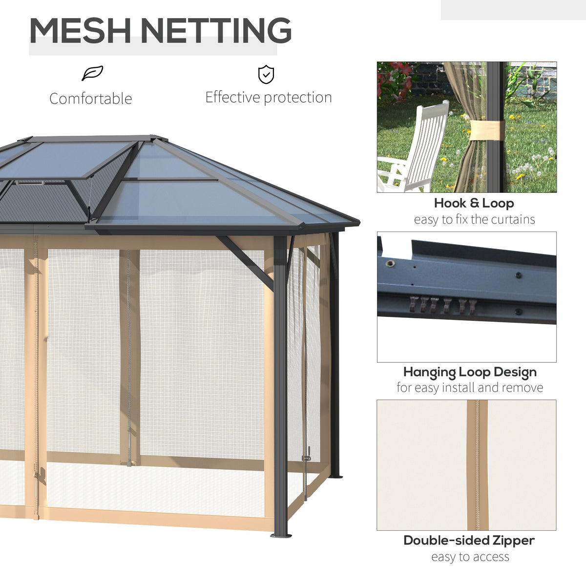 10' x 12' Hardtop Gazebo Canopy with Polycarbonate Roof, Aluminum Frame, Permanent Pavilion Outdoor Gazebo with Netting, for Patio, Garden, Backyard, Deck, Lawn, Gray, Brown