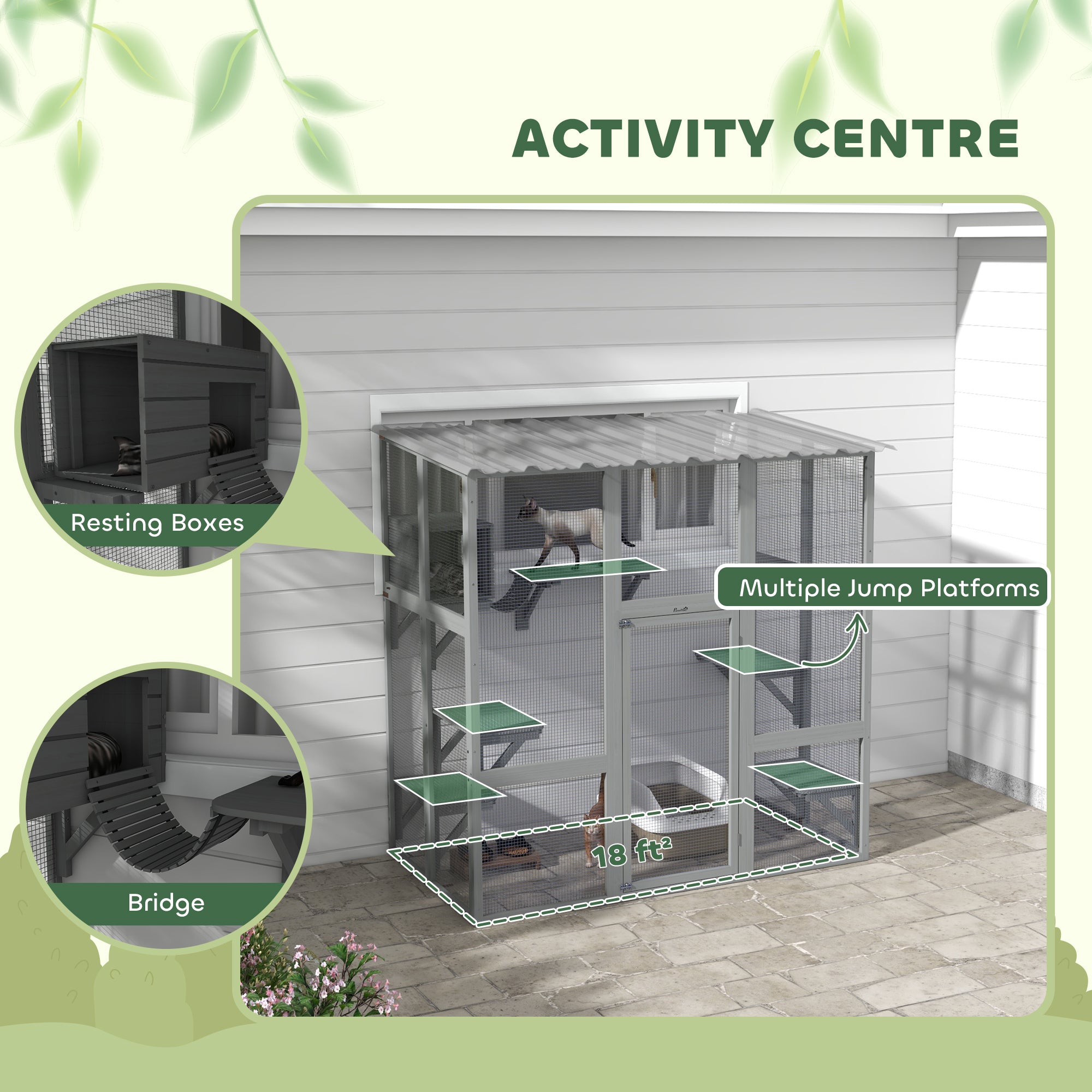 Catio Outdoor Cat Enclosure, Window Box Wooden Cat House with Bridge Platforms, Gray - Gray - Image 5