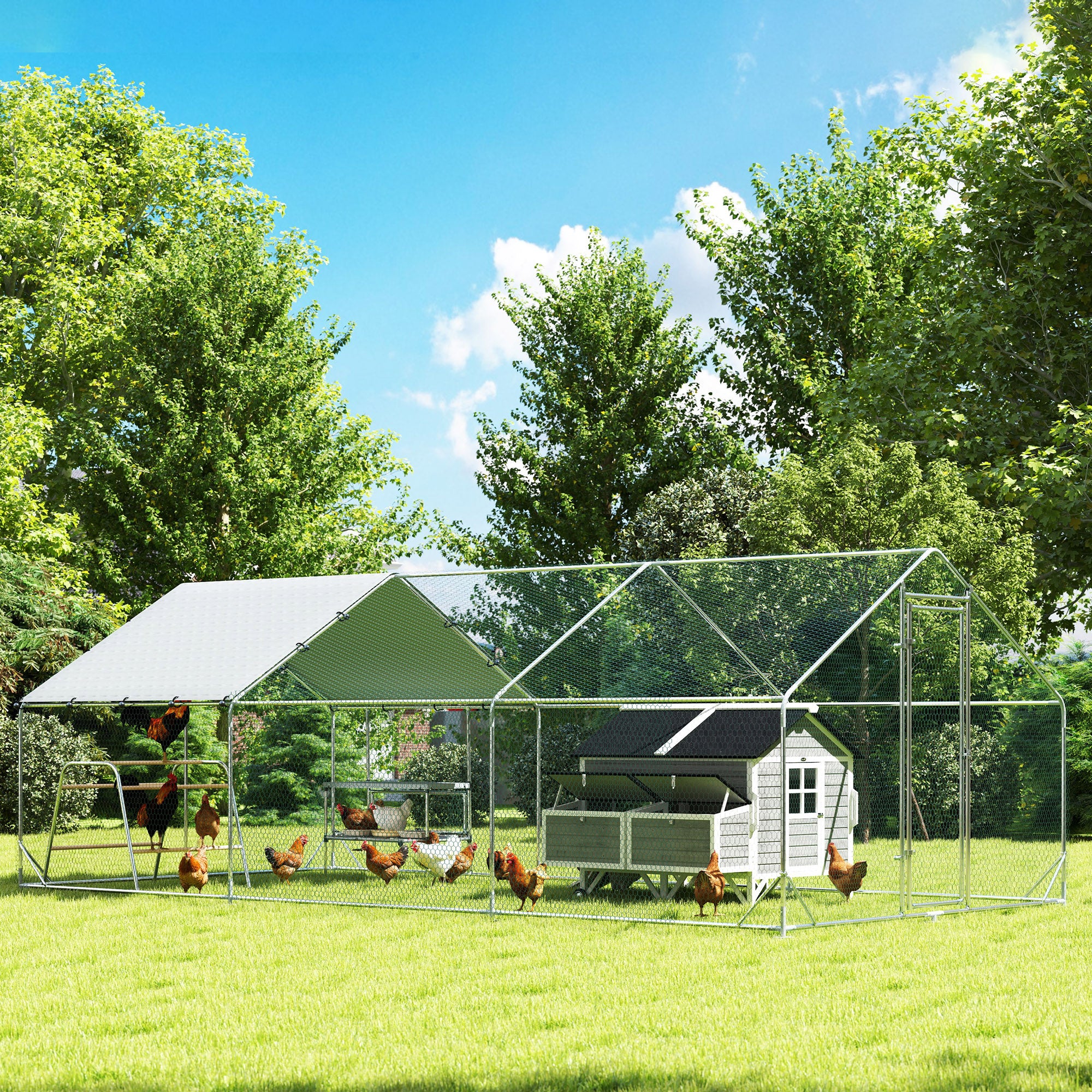 Large Metal Chicken Coop with Waterproof Cover, Roosting Bar, Nesting Box, 9.8' x 19.7' x 6.4' - Silver - Image 2