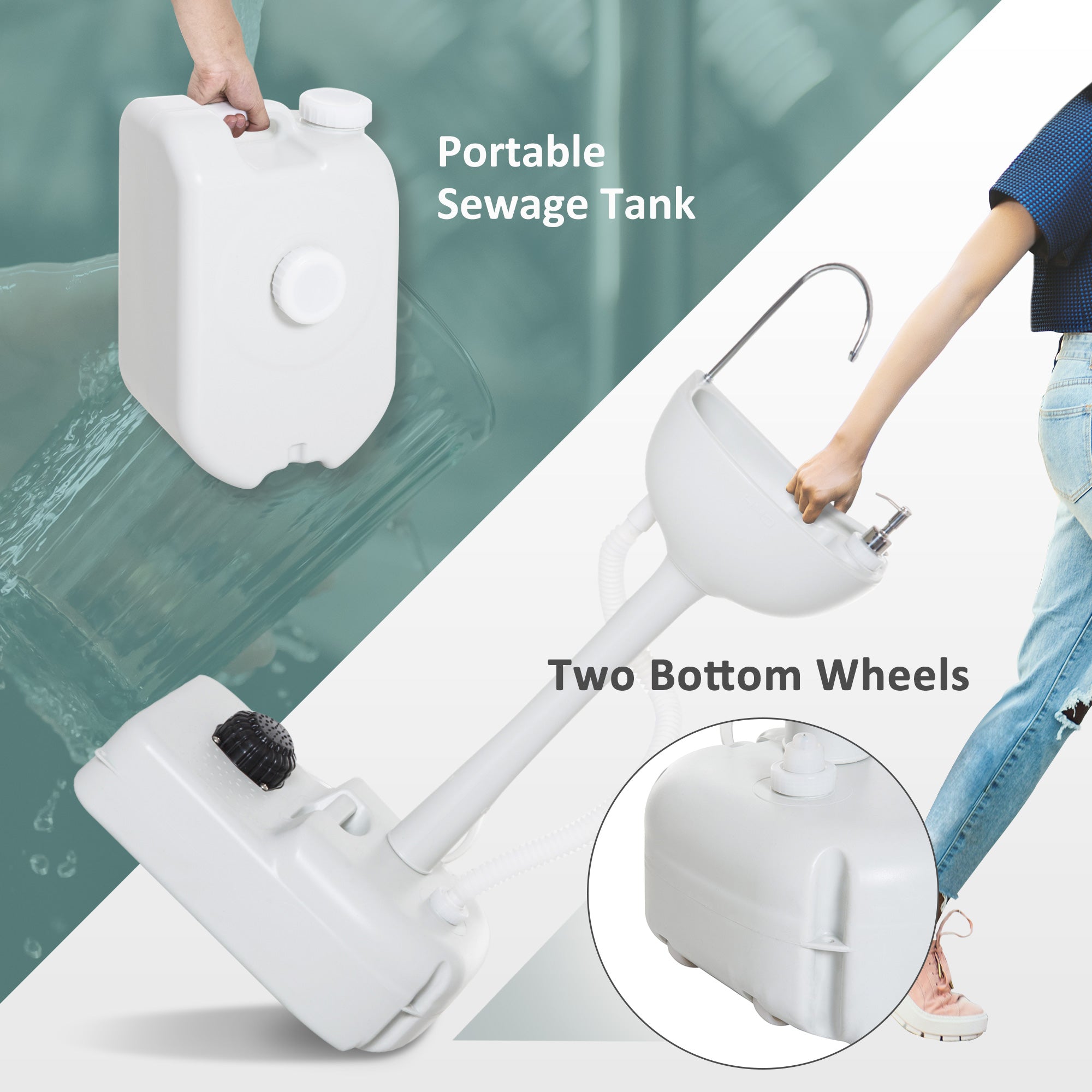Portable Camping Sink, Handwashing Station Basin with 4.5 Gal (17 L) Tank, 6.3 Gal (24 L) Recovery Tank, Rolling Wheels & Soap Dispenser for RV, Outdoor Events, Gatherings, HDPE, White