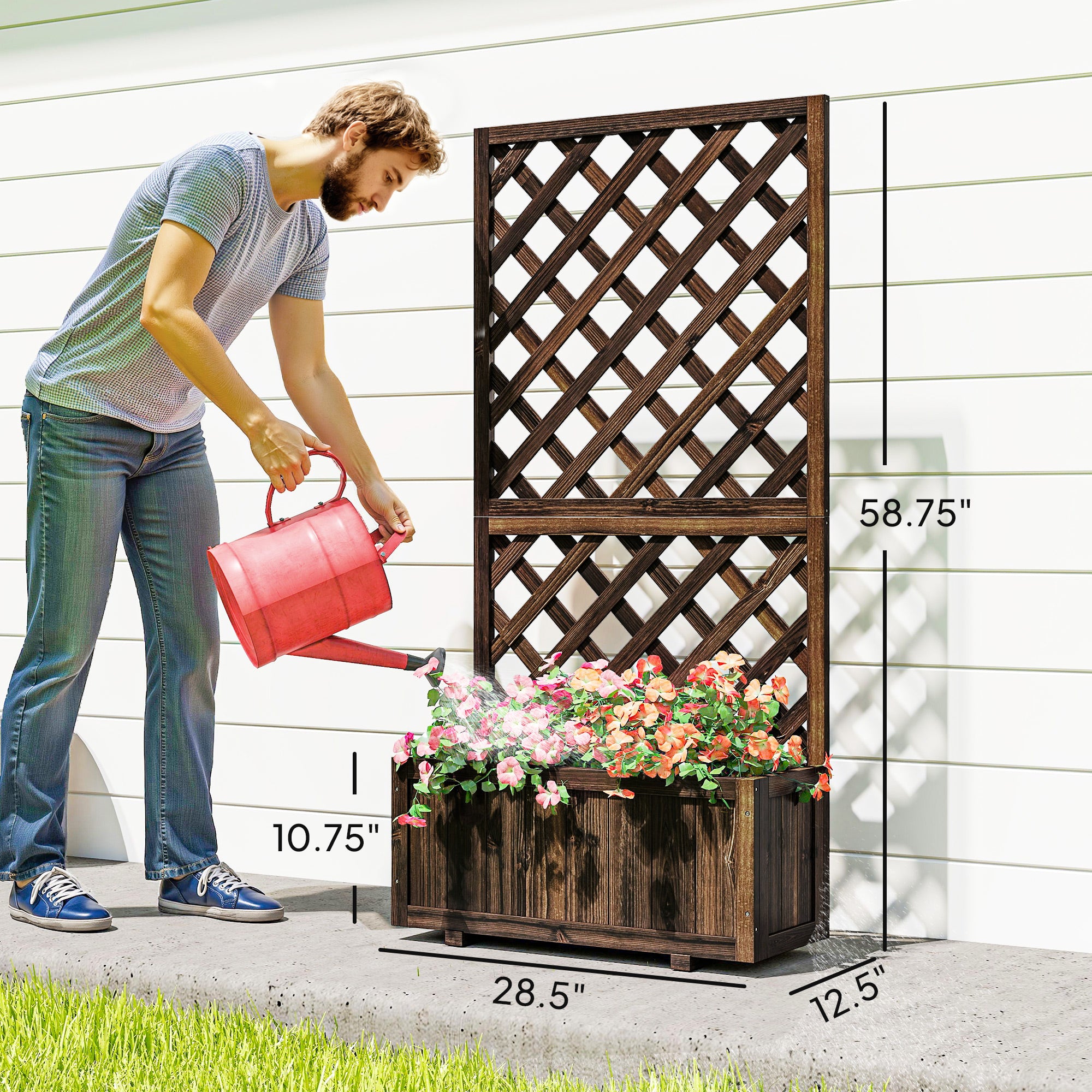 Wooden Raised Garden Bed Planting Planter Box with Trellis and Drain Holes for Climbing Vine Plants, Brown - Brown - Image 3