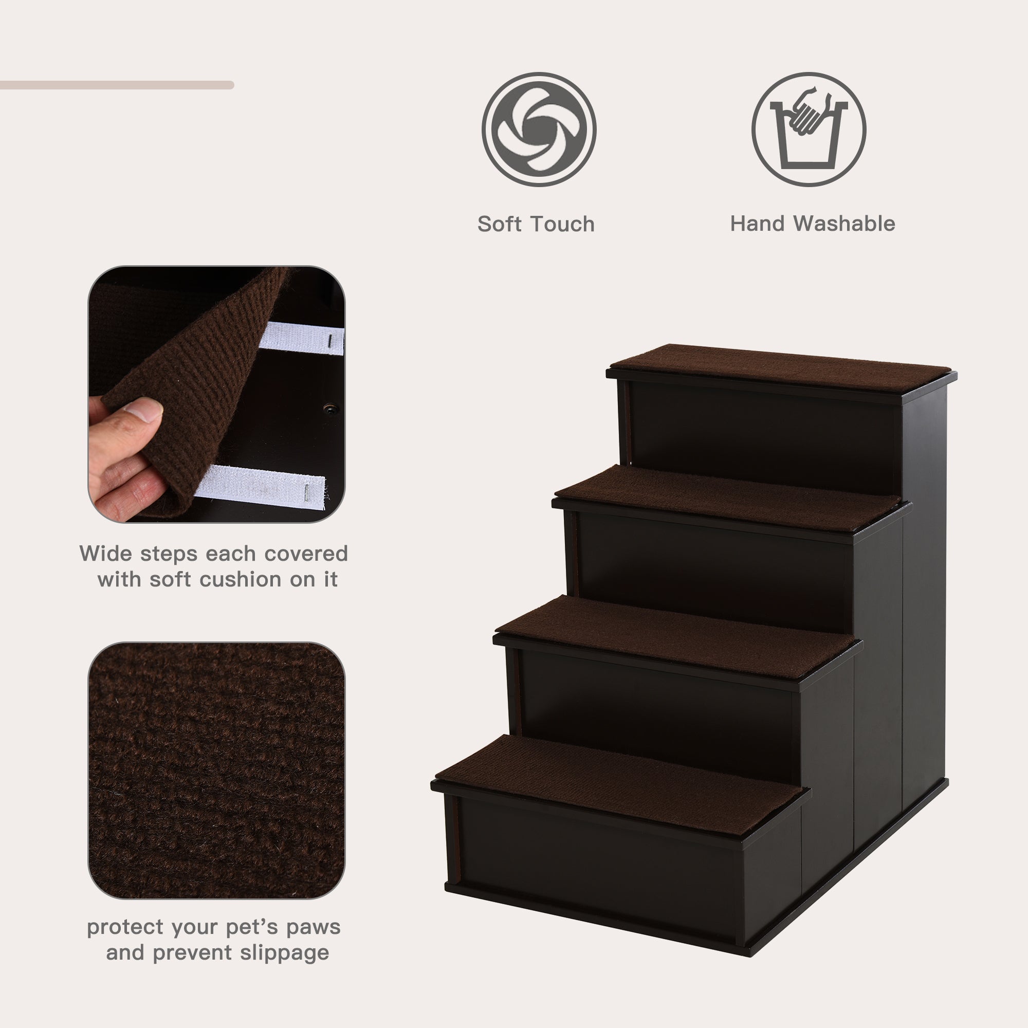 Pet Stairs, Small Pet Steps with Cushioned Removable Covering for Dogs and Cats Up To 22 lbs, Brown - Coffee - Image 4