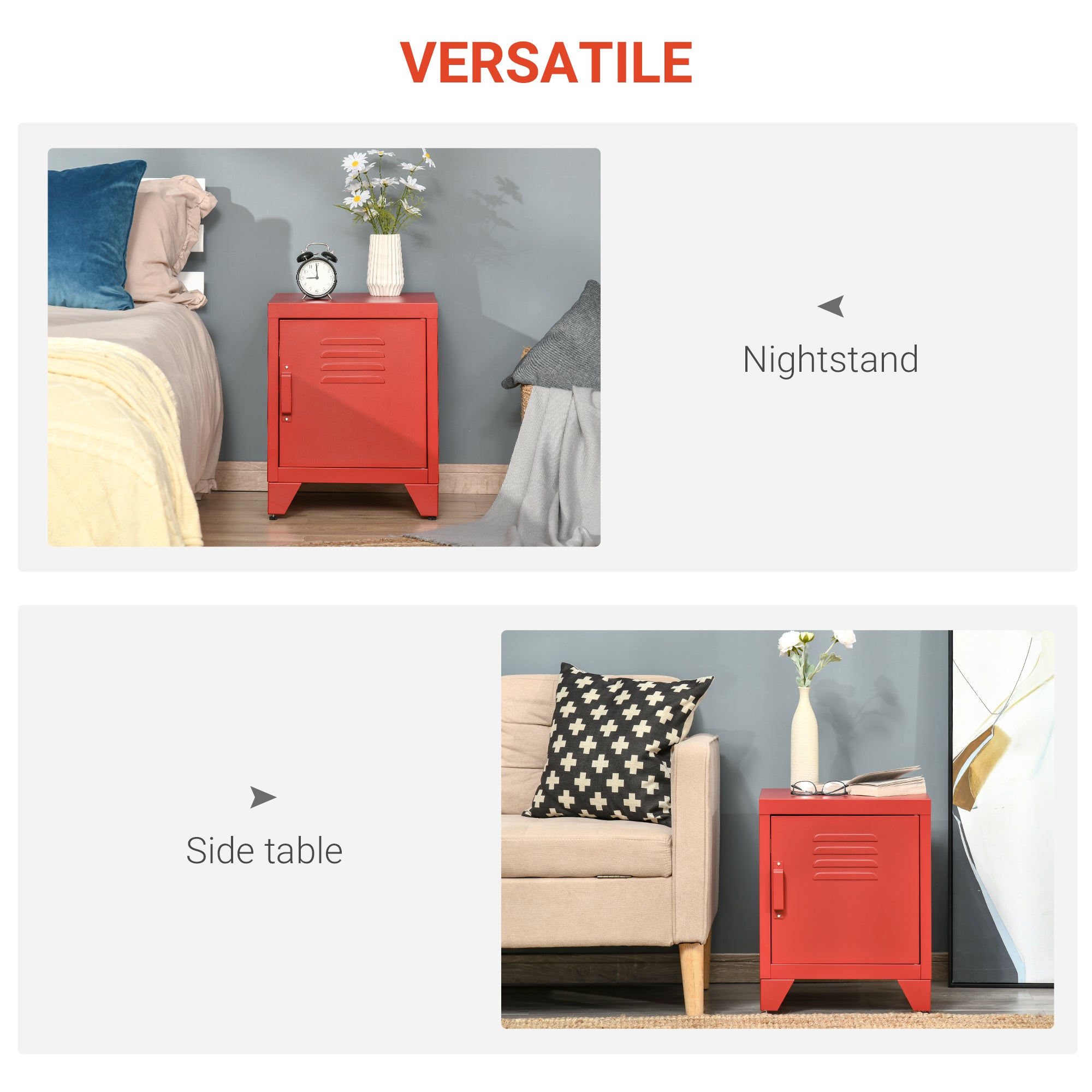 Industrial End Table, Living Room Side Table with Locker-Style Door and Adjustable Shelf, Red