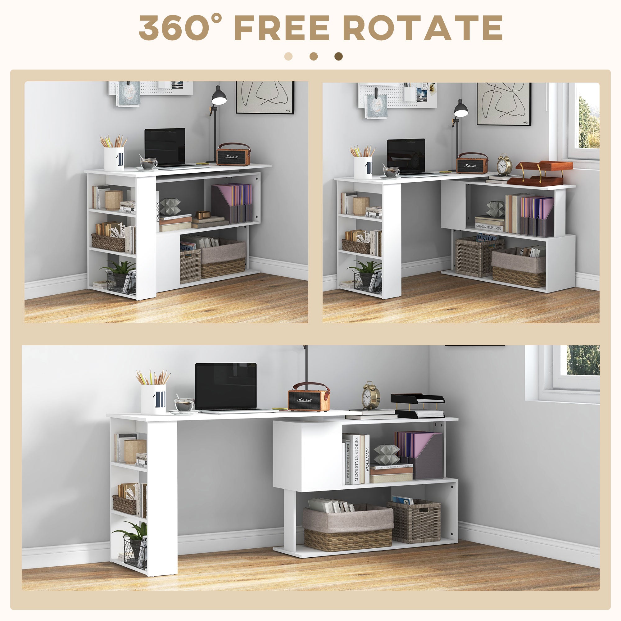 L Shaped Desk, Corner Computer Desk, 360 Degree Rotating Home Office Desk with Storage Shelves, Writing Table Workstation, White