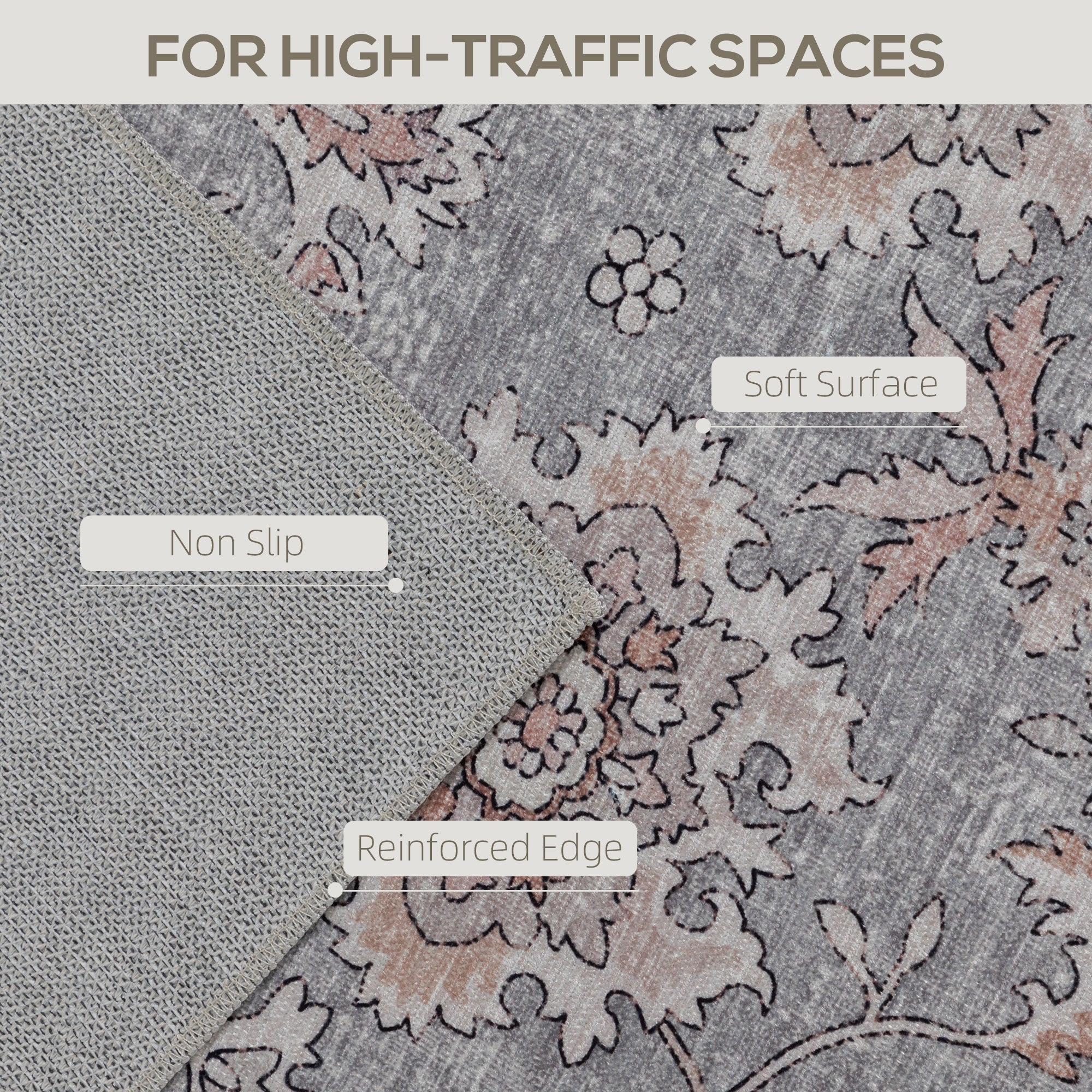 Machine Washable Area Rug 5x7, Non-Slip Traditional Flower Print Floor Carpet for Living Room, Bedroom, Grey and Brown