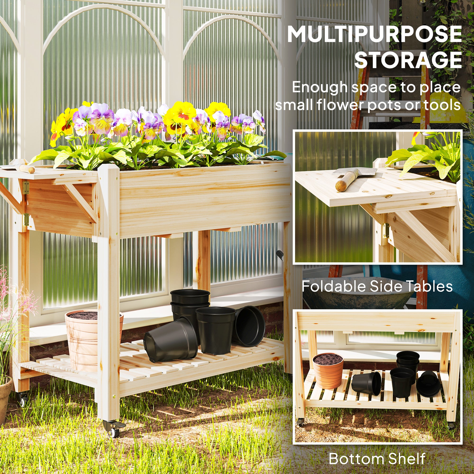 Wood Raised Planter Box, Elevated Garden Bed with Lockable Wheels, Side Tables, Bottom Shelf, Drain Holes, Natural - Natural Wood - Image 4
