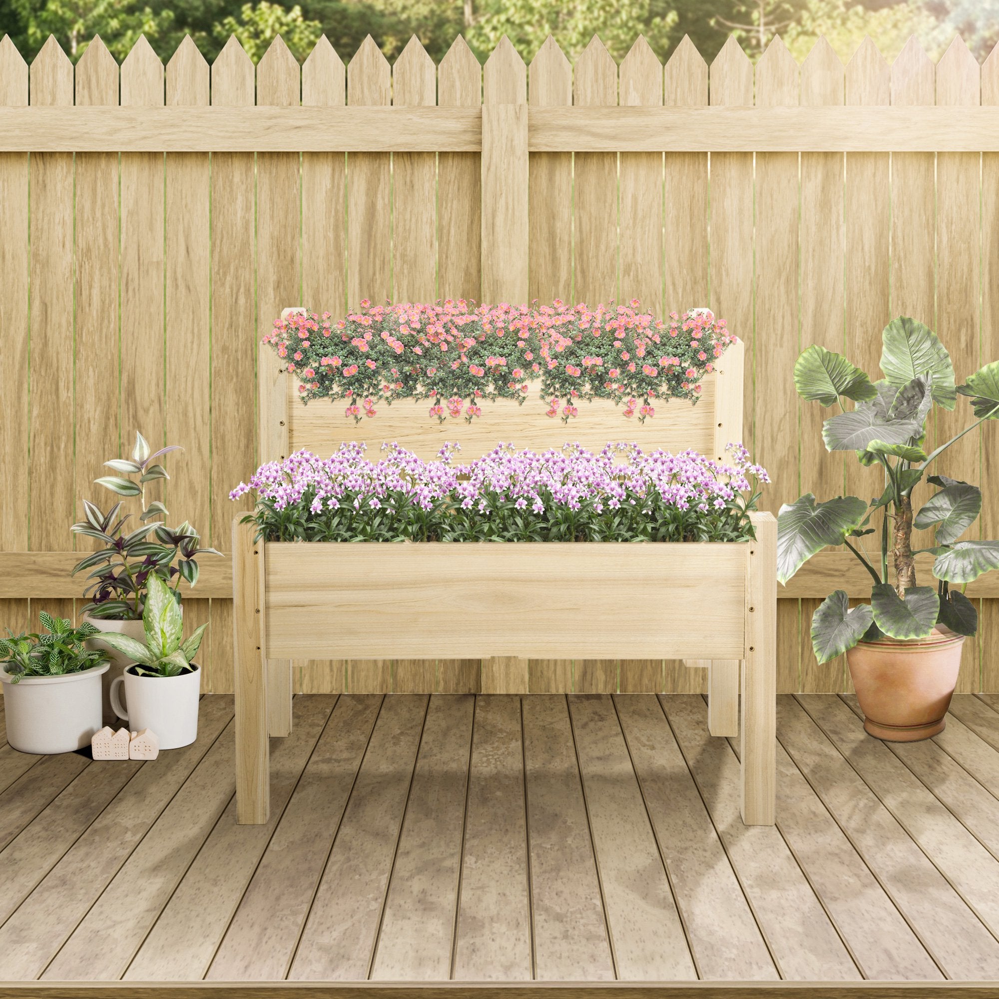 Raised Garden Bed, 2-Tier Wood Planter Stand Plant Grow Box, 34"x34"x28" - Natural - Image 2