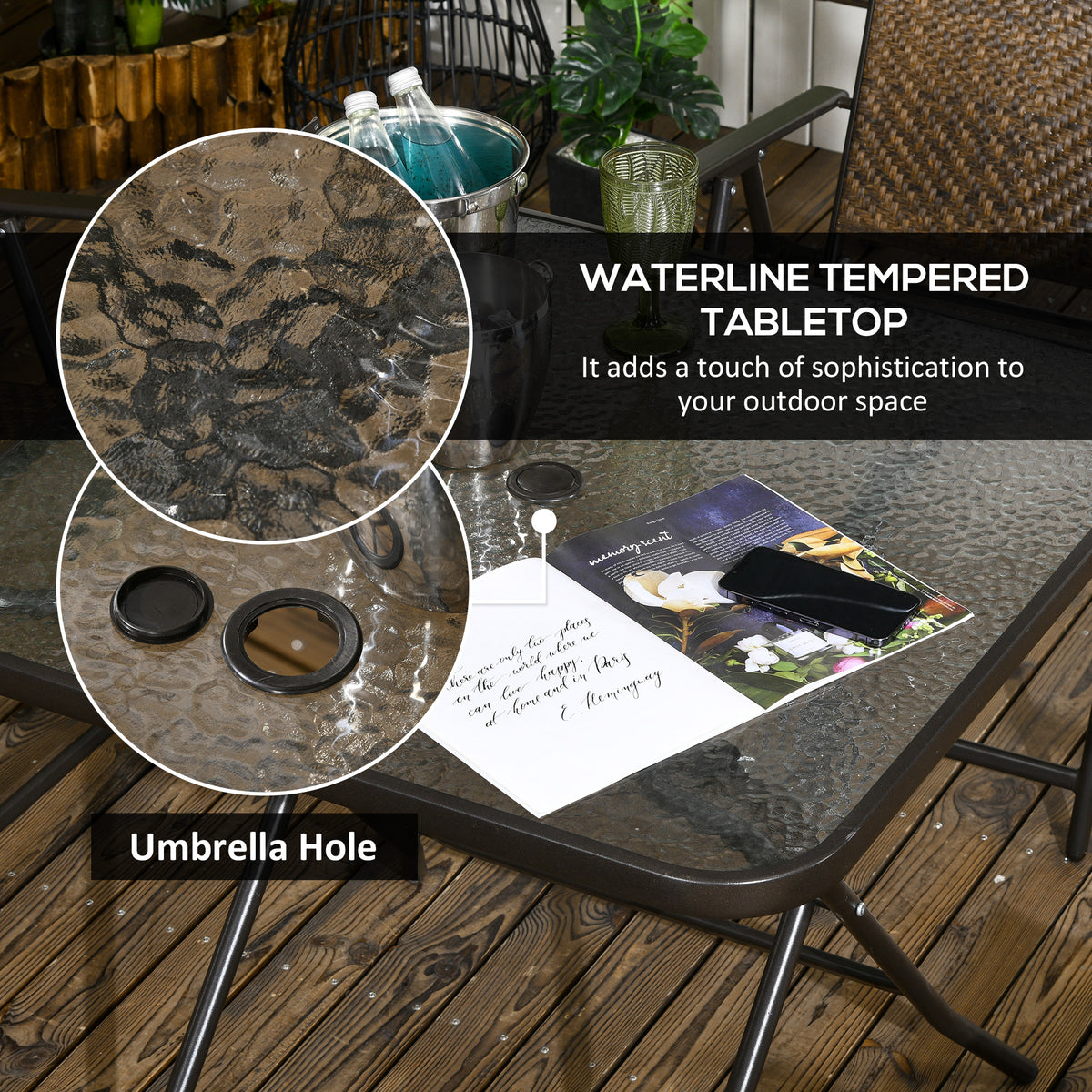 5 Pieces Patio Table and Chairs, Foldable Wicker Outdoor Dining Table Set with Umbrella Hole, Dark Brown