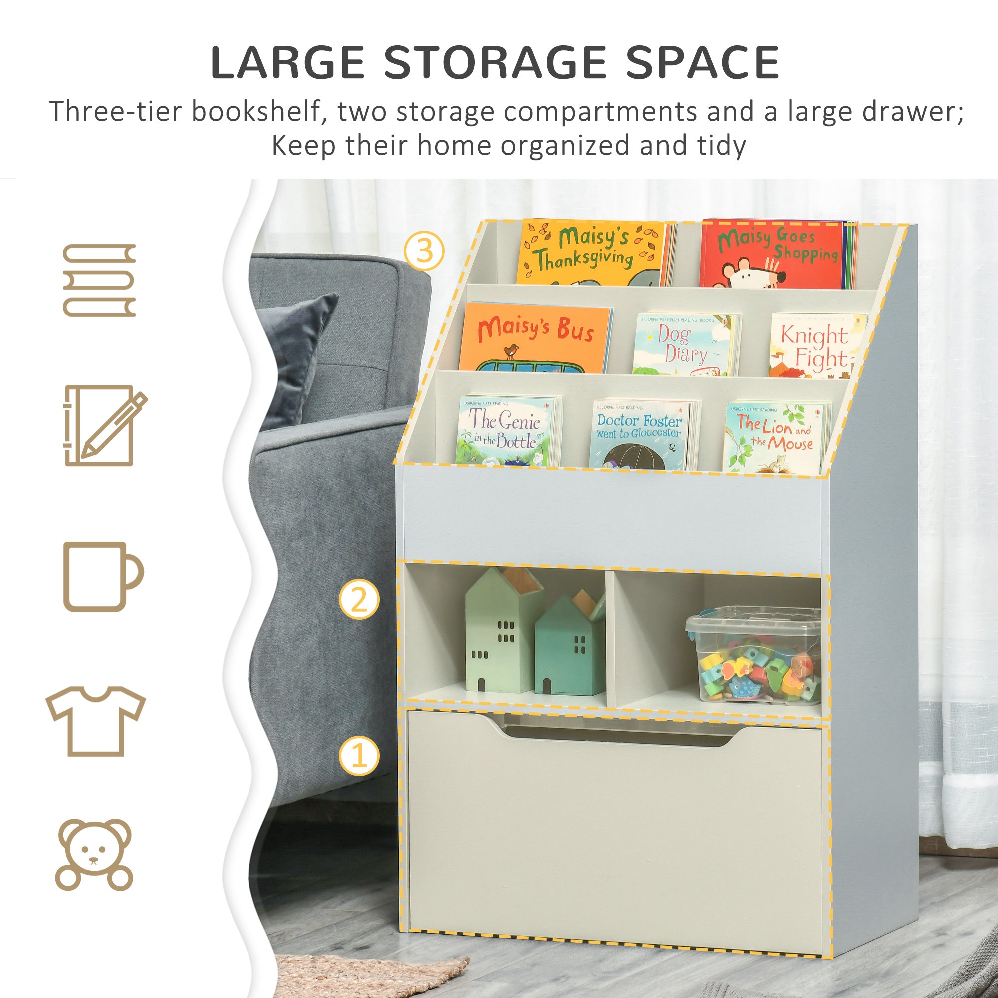 Kids Bookcase Multi-Shelf Book Rack with Mobile Drawer for Books, Toy , Gray