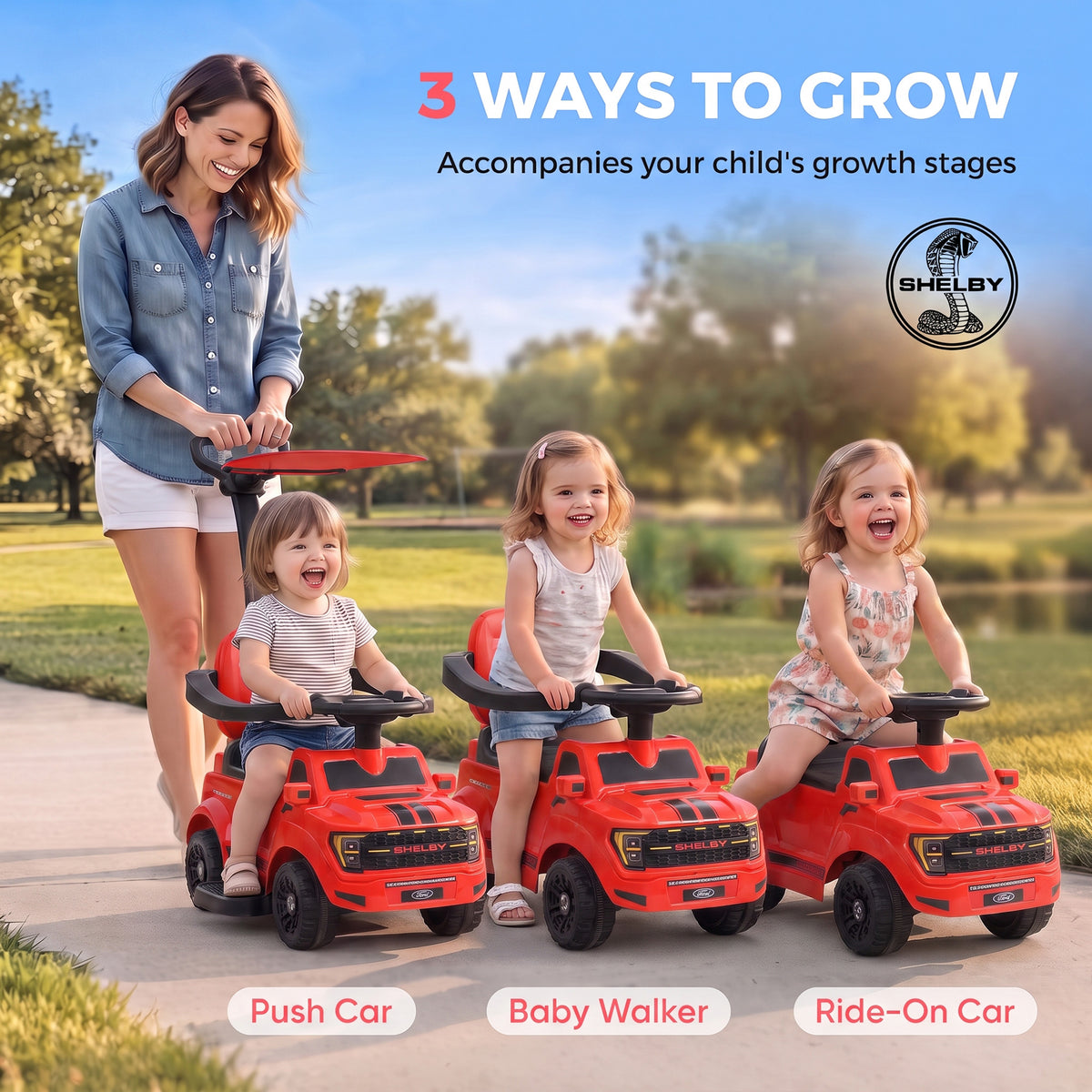 3-in-1 Push Car for 1-3, Licensed Ford Shelby Sliding Walking Car with Parent Handle, Canopy, Guardrail, Storage, Red