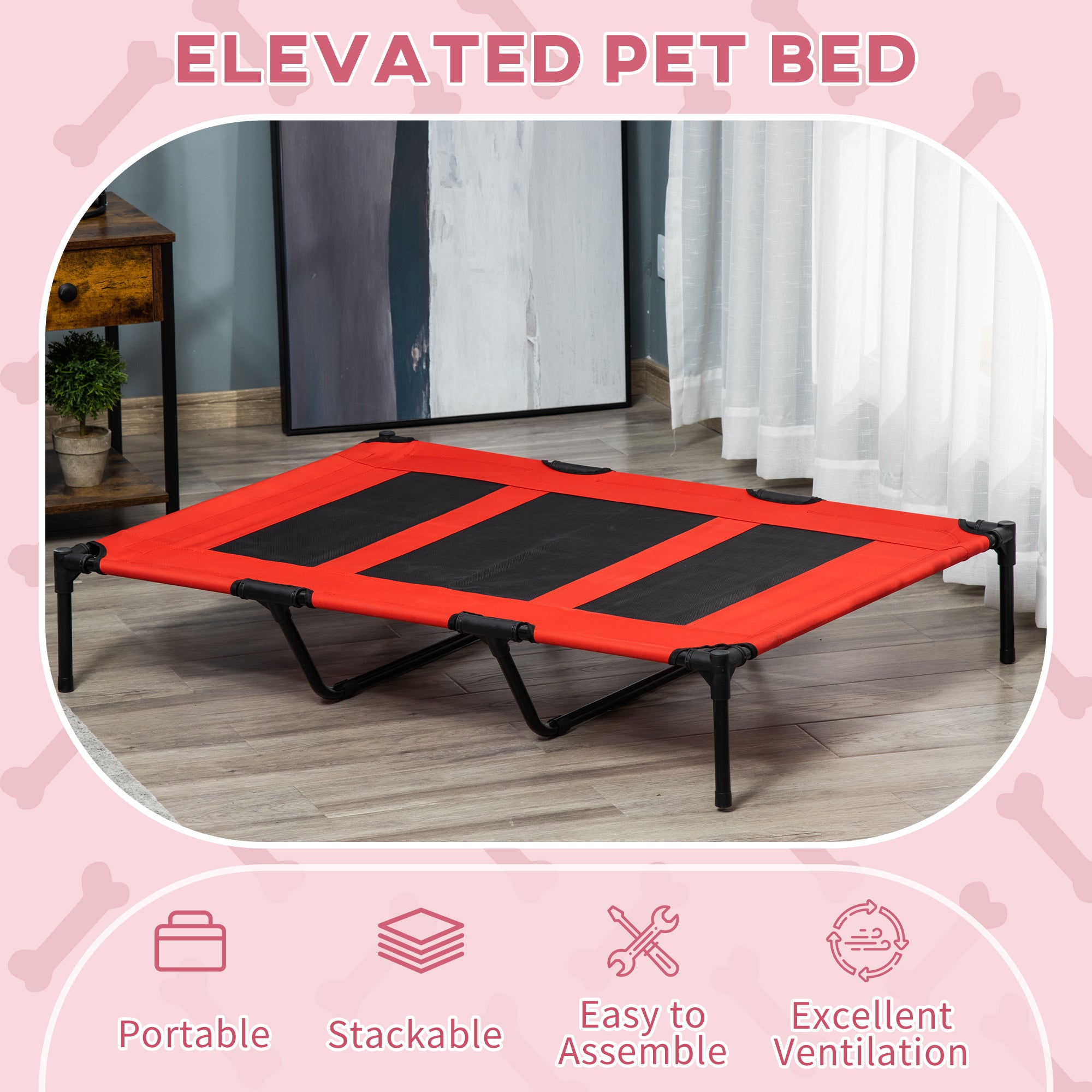XL Elevated Dog Bed, Outdoor Raised Dog Bed, Portable Pet Cot w/Carry Bag Metal Frame Breathable Mesh Indoor and Outdoor Red - Red - Image 4