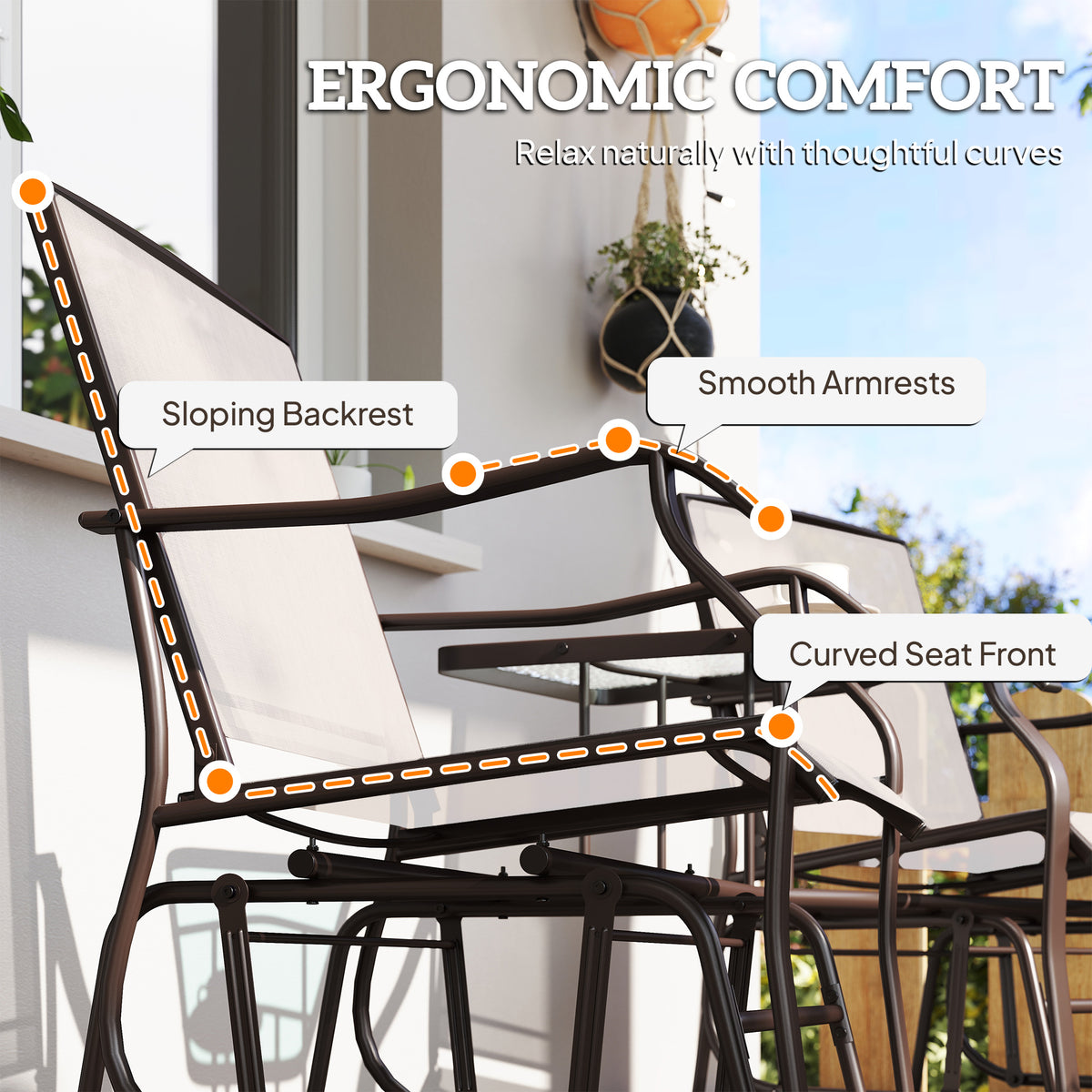 Outdoor Glider Chairs with Coffee Table, Patio 2-Seat Rocking Chair Swing Loveseat with Breathable Sling for Backyard, Garden, and Porch, Beige