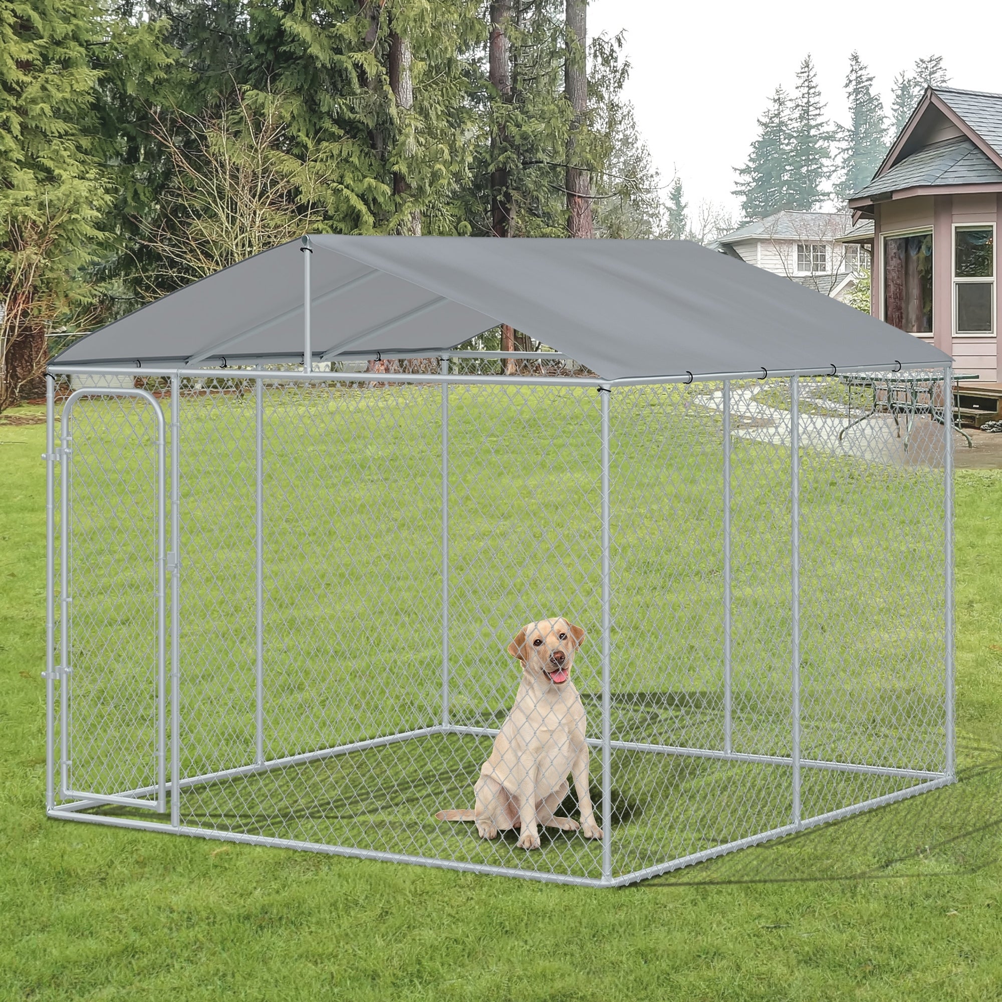 Outdoor Dog Kennel Galvanized Steel Fence with Cover Secure Lock Mesh Sidewalls for Backyard 9.8' x 9.8' x 7.7' - Silver - Image 2