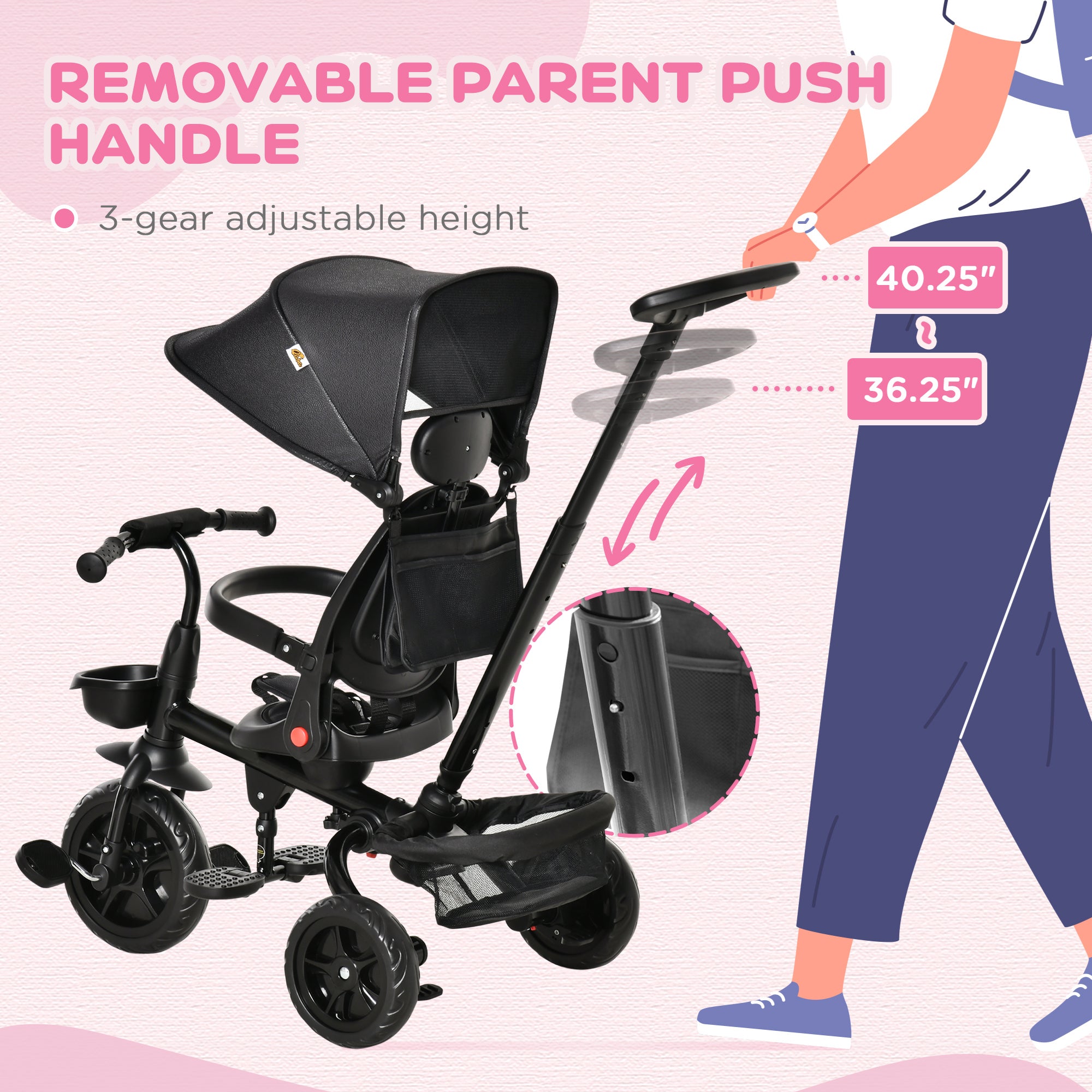 Kids Tricycle, 4 in 1 Foldable Trike with Reversible Seat, Adjustable Parent Handle, Safety Harness, Wheel Brakes, Removable Canopy, Storage, Tricycle for Toddlers 1-5 Years, Black